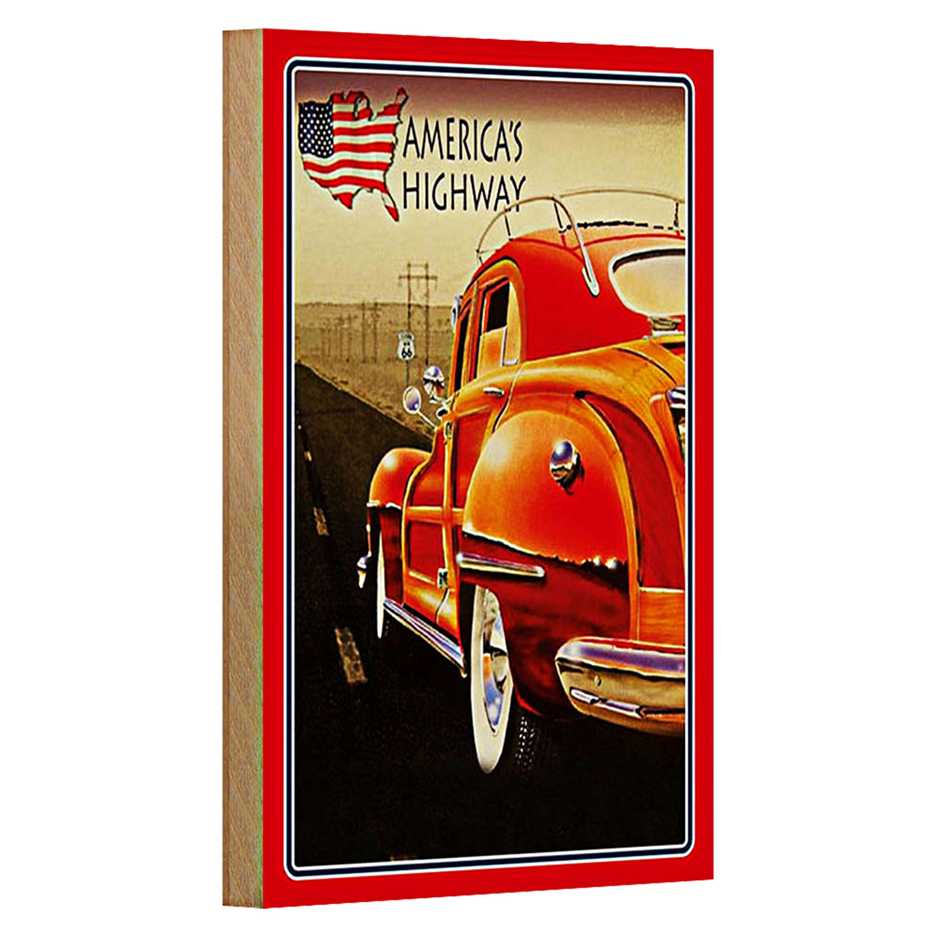 Roomando Holzbild Auto 12x18cm Oldtimer america´s highway USA