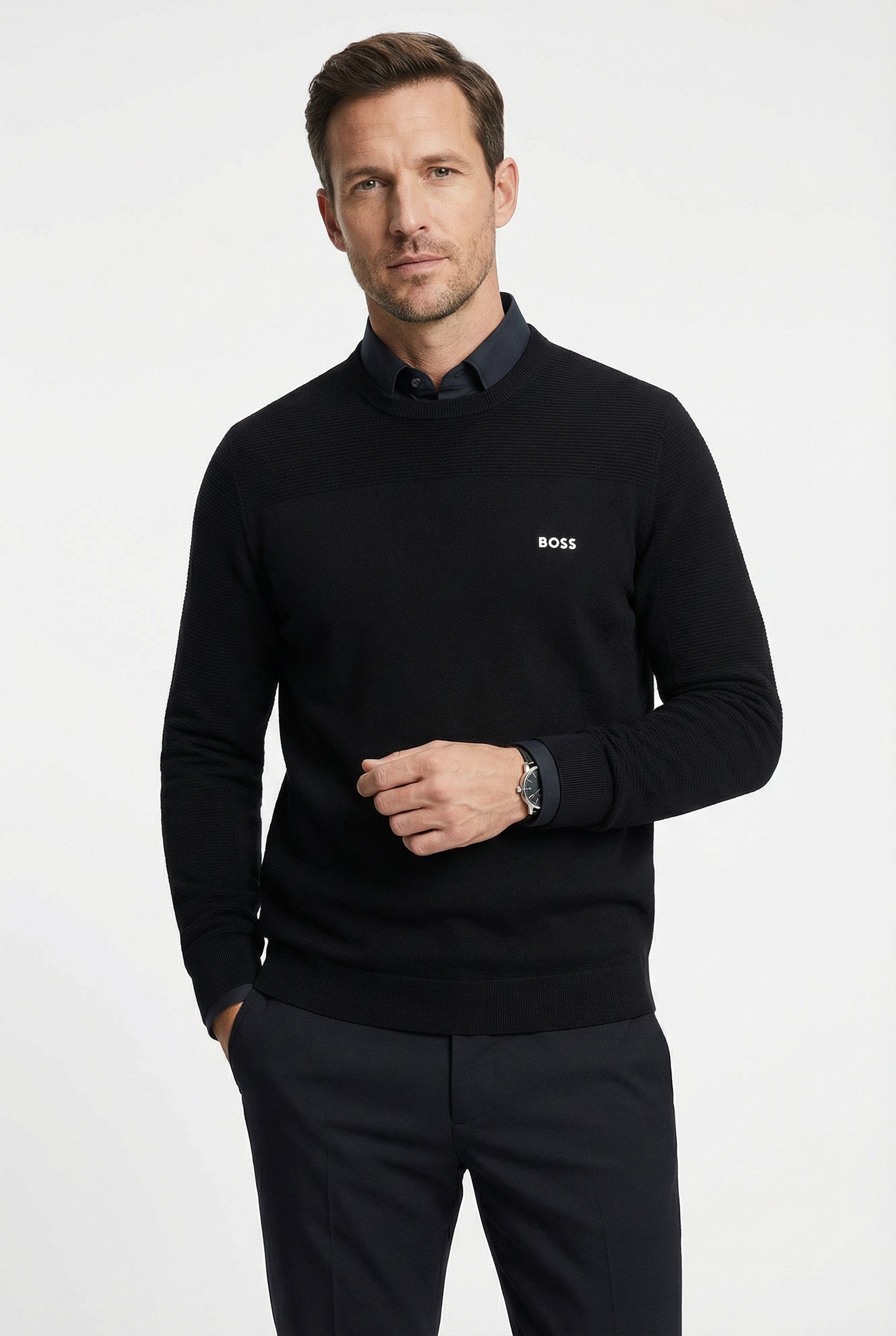 BOSS GREEN Strickpullover KN Momentum-X CN Rundhalsausschnitt, Regular Fit, kontrast HD-Logo