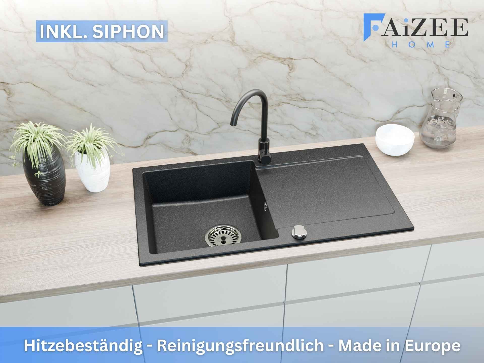 Faizee Home Granitspüle Faizee Home Granitspüle 90x50 cm, eckig, mit Abtropffläche & Siphon