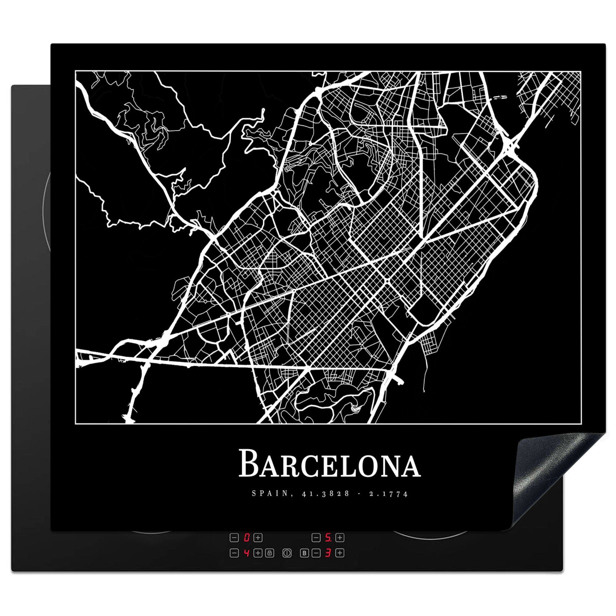 MuchoWow Herdblende-/Abdeckplatte Stadtplan - Barcelona - Karte, Vinyl, (1 tlg), 57x51 cm, Induktionsschutz, Induktionskochfeld, Ceranfeldabdeckung