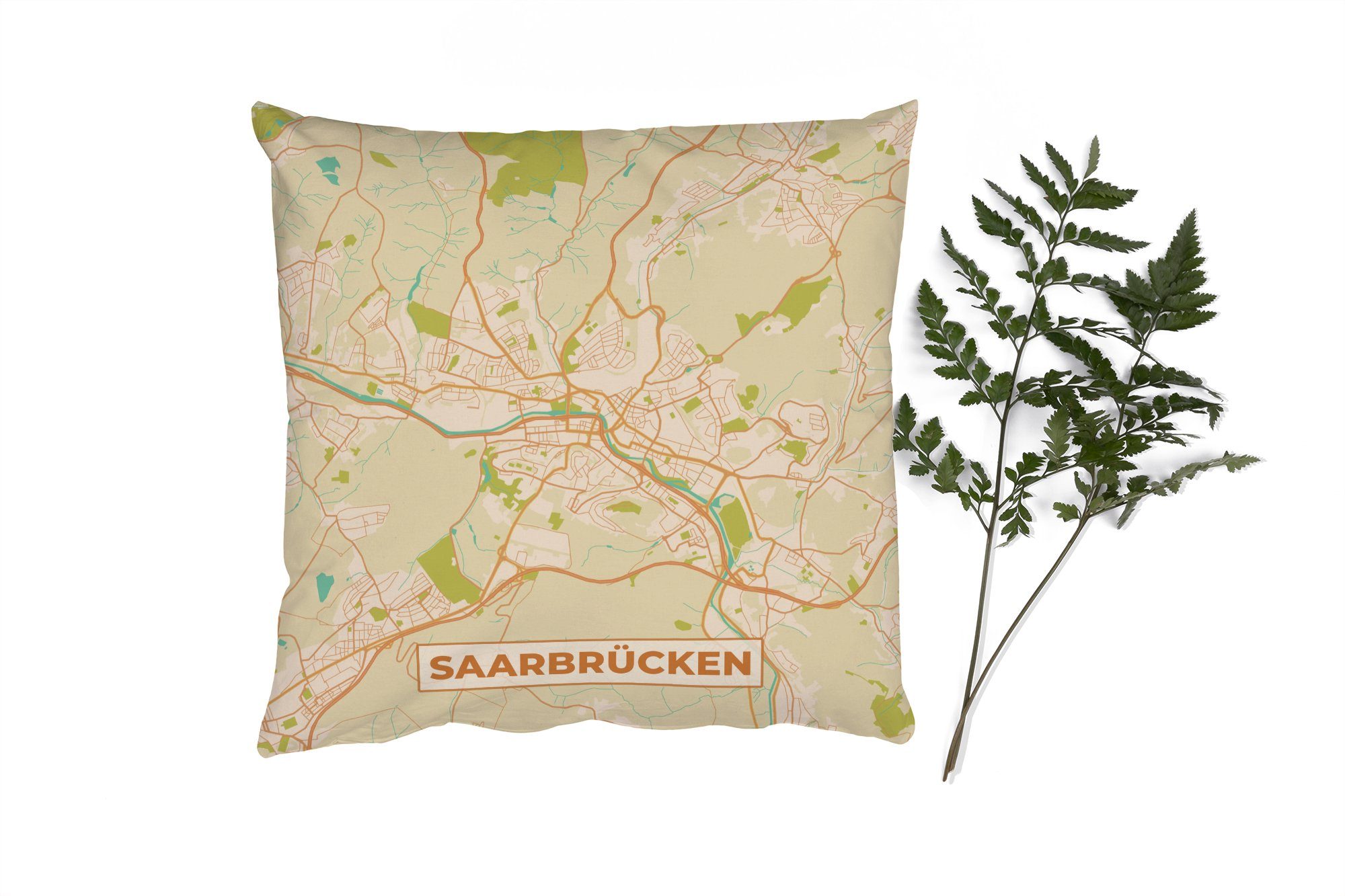 MuchoWow Dekokissen Saarbrücken - Karte - Vintage - Stadtplan, Zierkissen mit Füllung für Wohzimmer, Schlafzimmer, Deko, Sofakissen