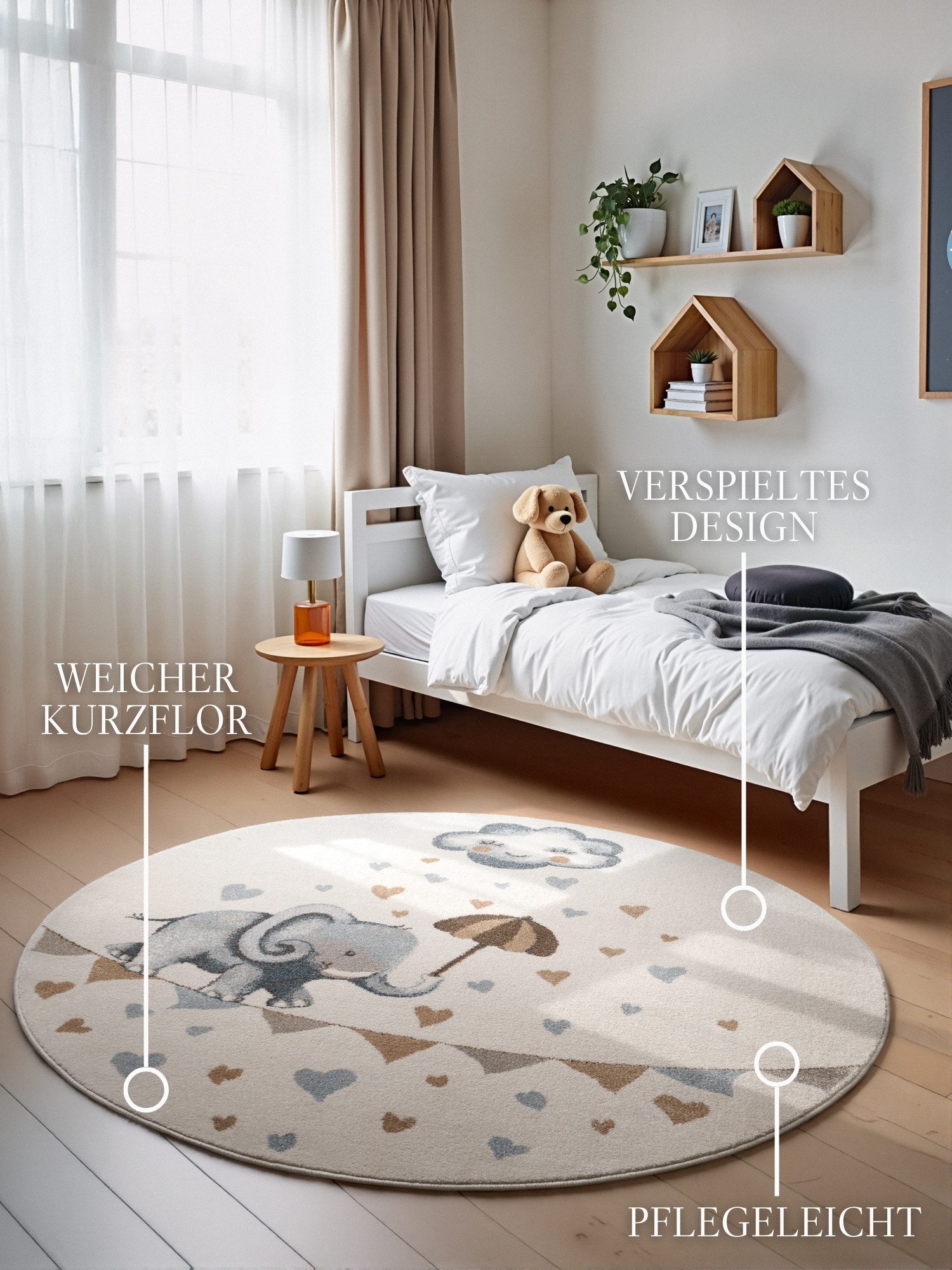 Villeroy & Boch Kinderteppich Walk like an Elephant Rainy, rund, Höhe: 9 mm, Spielteppich weich, Kinderzimmer, Boho Kids Spielunterlage, Tieremotiv – Bild 3 von 5