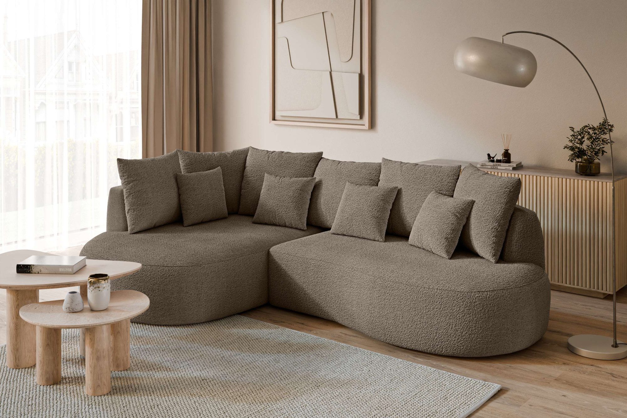 homsy by Ana Johnson Ecksofa PEBBLA L-Form mit vielen Kissen, modernes Design, Bezug- Boucle, Breite 267 cm, Design-Sofa mit Ottomane recht/links bestellbar