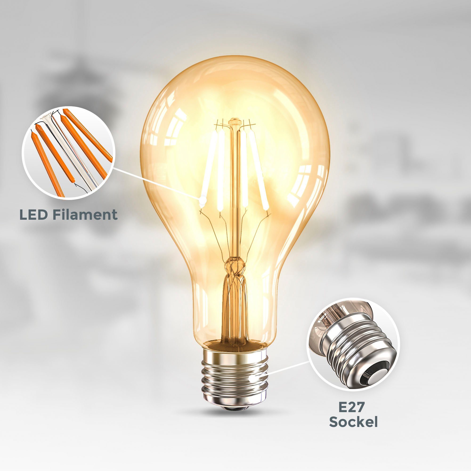B.K.Licht LED-Leuchtmittel BK_LM1404 LED Vintage Warmweiß, Leuchtmittel Set E27 Filament 2 E27, Glühbirne 2.200 2er K A75, Edison St