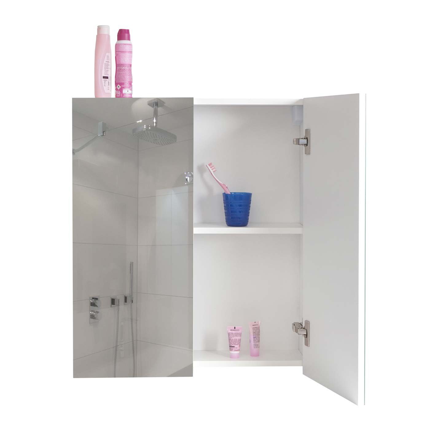 | mit weiß MCW-B19b-60 Ablageflächen, Badezimmerspiegelschrank MCW weiß Hochglanz-Optik
