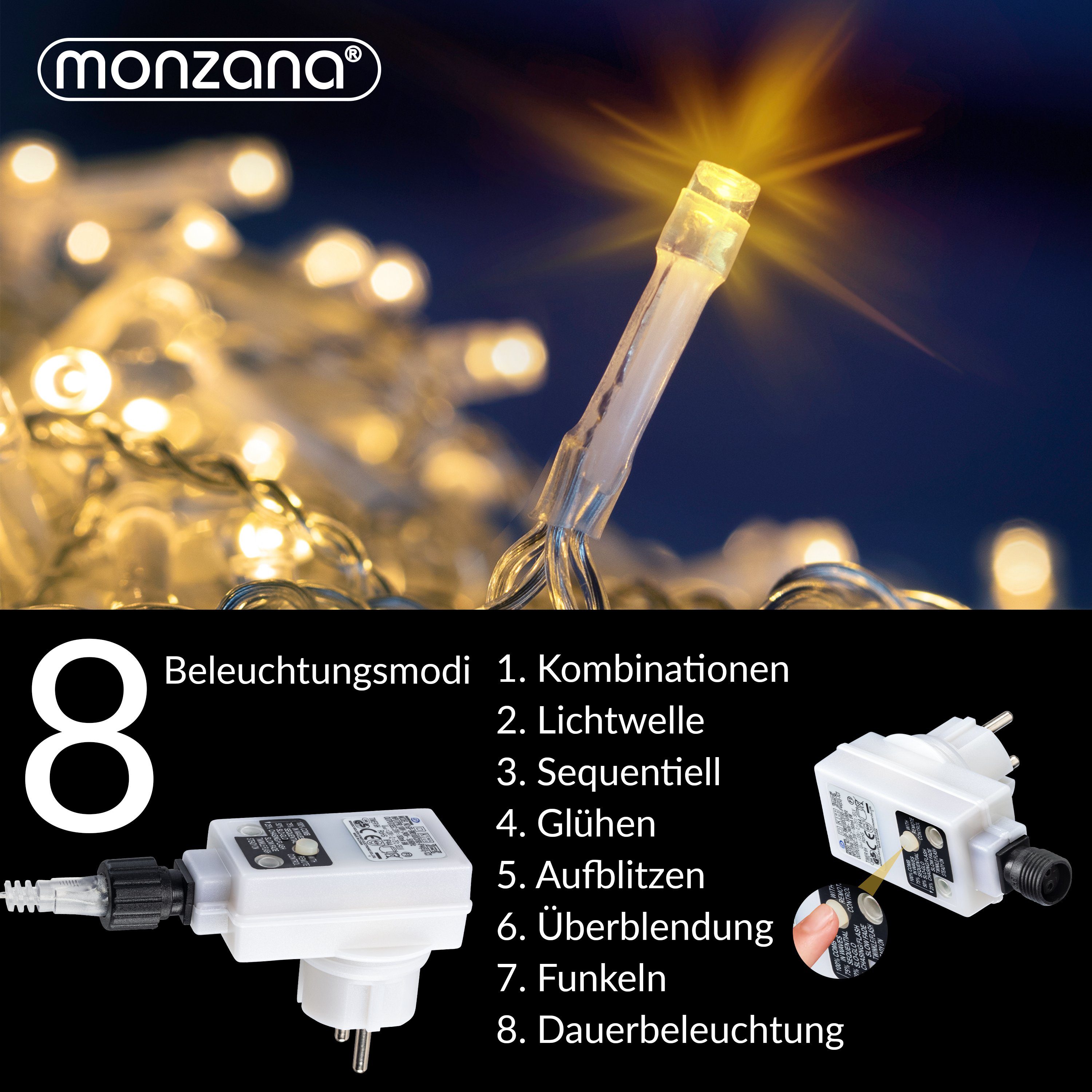 monzana Lichterkette, Regenlichterkette Fernbedienung 10m 200 IP44 warmweiß LED