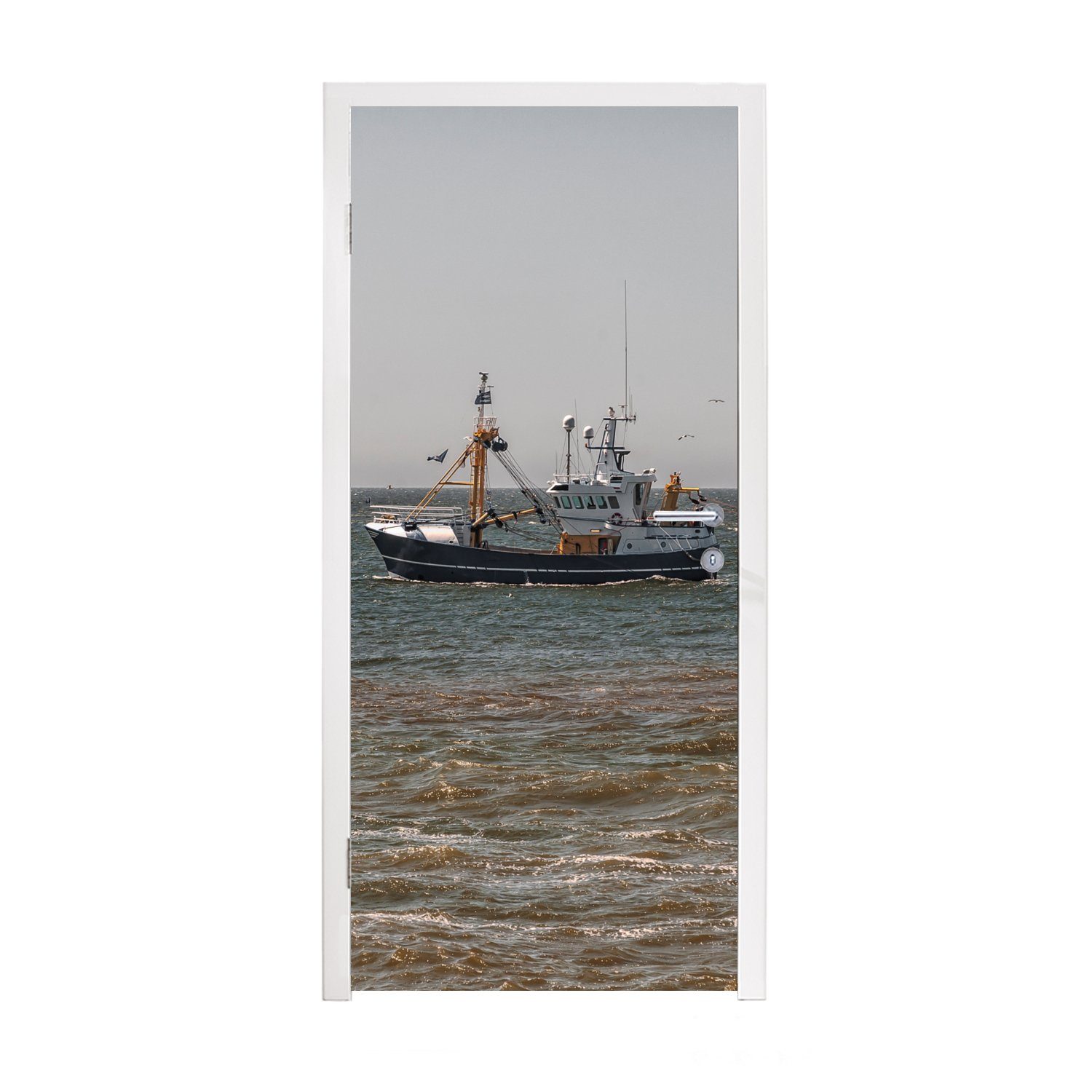 MuchoWow Türtapete (1 - - Tür, St), Nordsee für cm Fototapete Türaufkleber, bedruckt, Wasser, 75x205 Fischerboot Matt