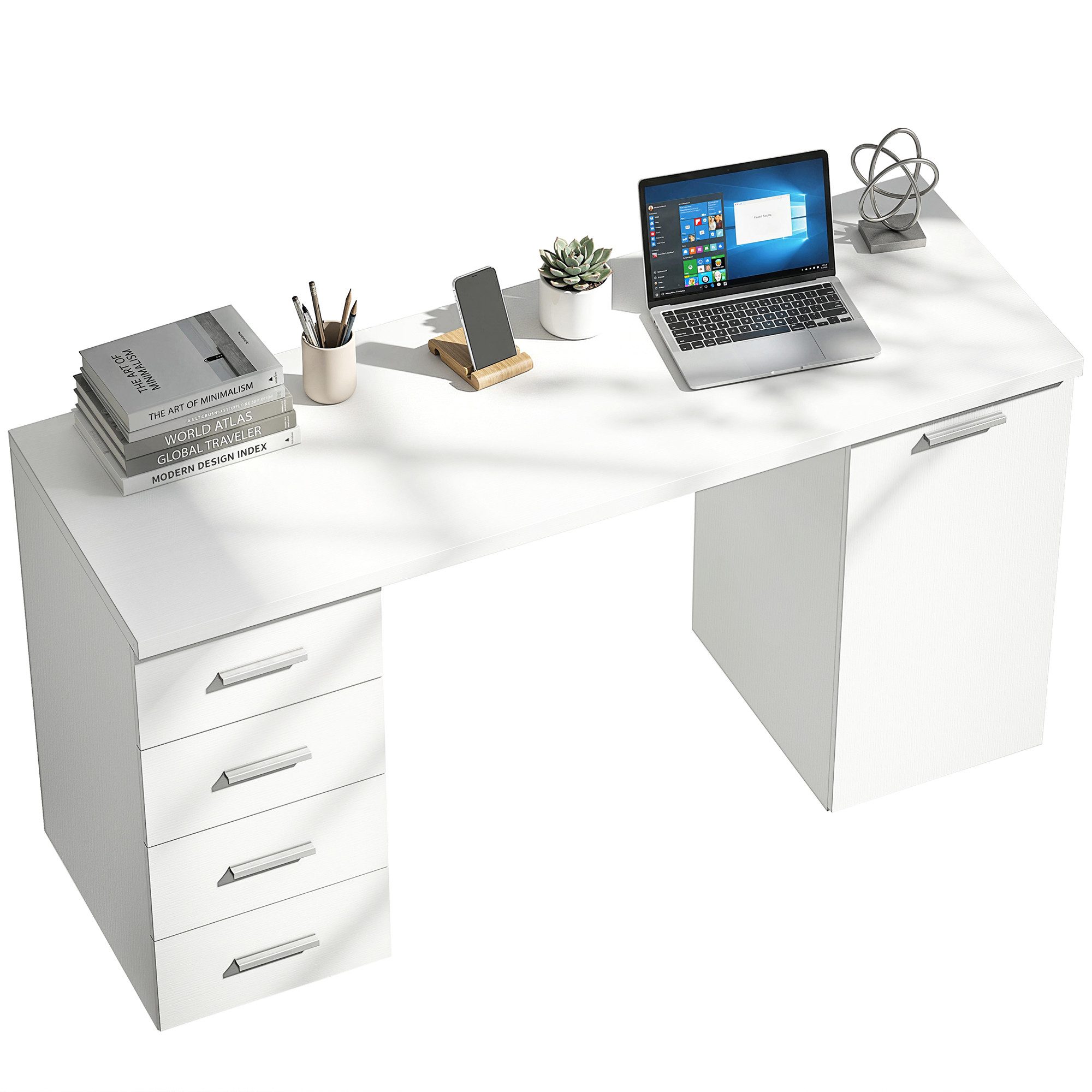 HOMCOM Schreibtisch Computertisch Moderner Bürotisch für Büro, Schlafzimmer, Weiß (1 Tisch, 1-St., PC Tisch), 140 cm breit, 4 Schubladen, Schrank, höhenverstellbares Regal