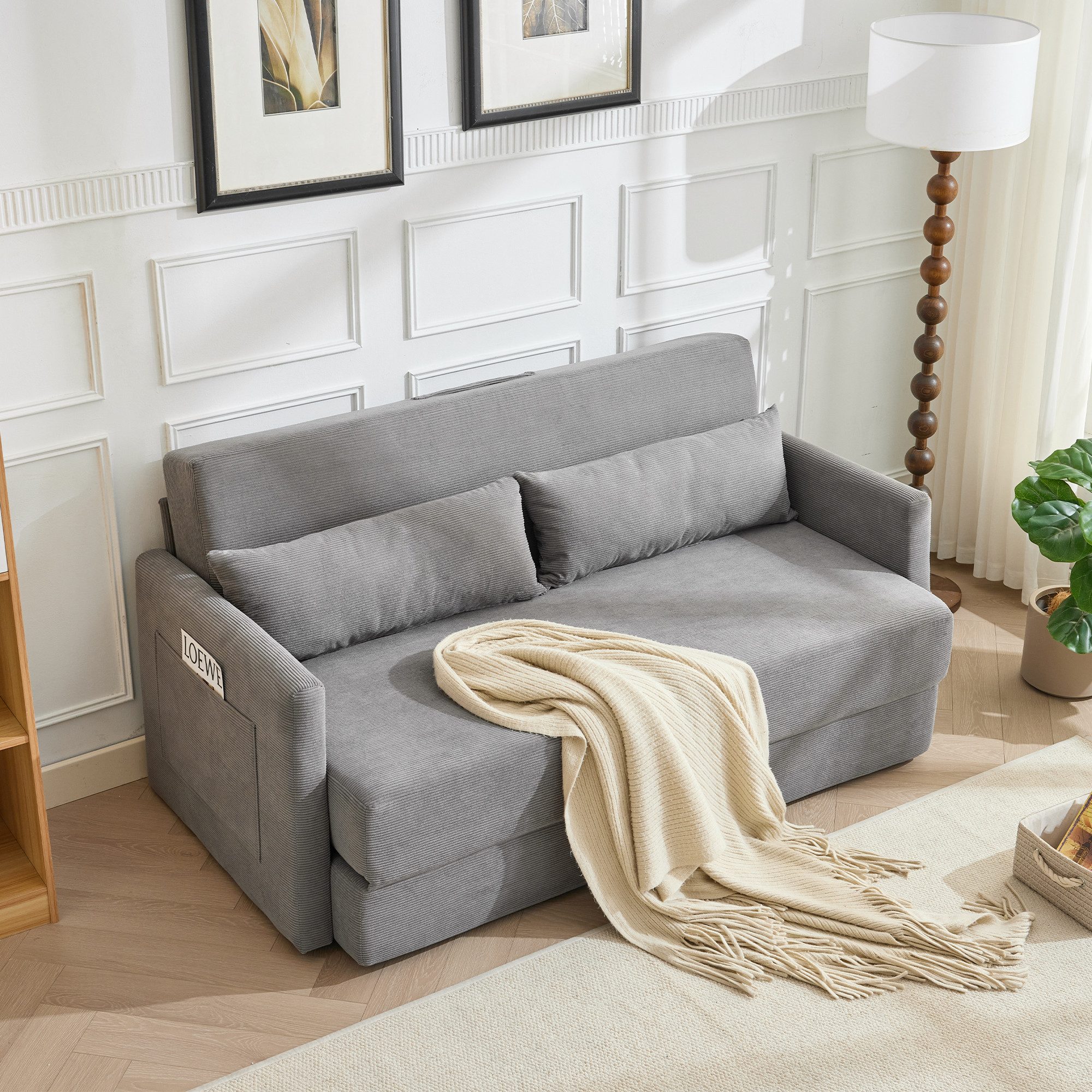 HAUSS SPOLE Loungesofa 2 in 1 Schlaffunktion,Schlafsofa Zweisitzer aus Cord mit Kissen,Grau, Relaxsofa Bodensofa-Bett mit zwei Lendenkissen und zwei Magazintaschen, Polstermöbel 165x92x82cm mit verstärkten Sofarahmen-Set