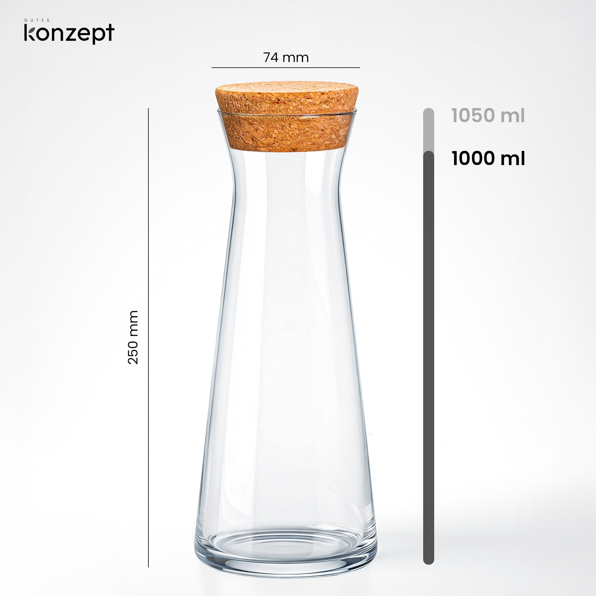 KONZEPT Wasserkaraffe mit Deckel – 1 Liter, robustes Glas, BPA-frei, stilvoll und stabil, (1-tlg), Für Wasser & Wein – auch als elegante Blumenvase nutzbar