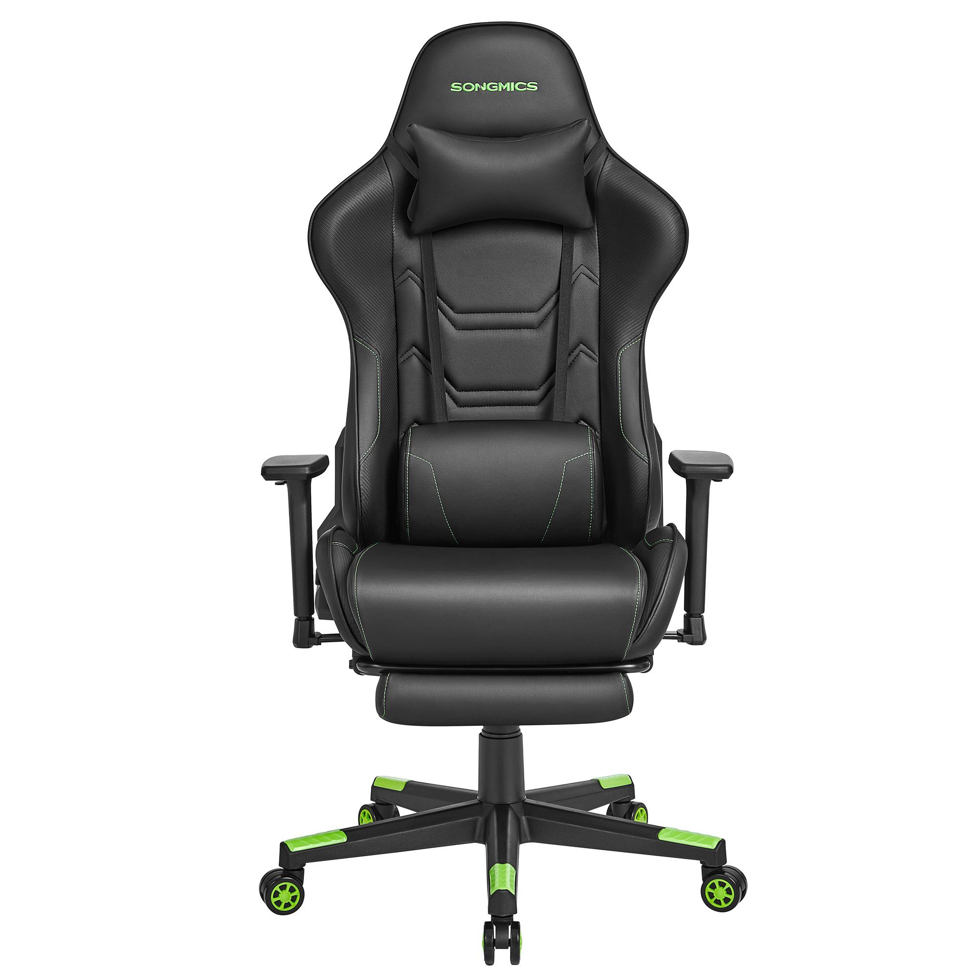 SONGMICS Gaming-Stuhl, Bürostuhl, ergonomisch, Kopfkissen, bis 150 kg belastbar schwarz-grün
