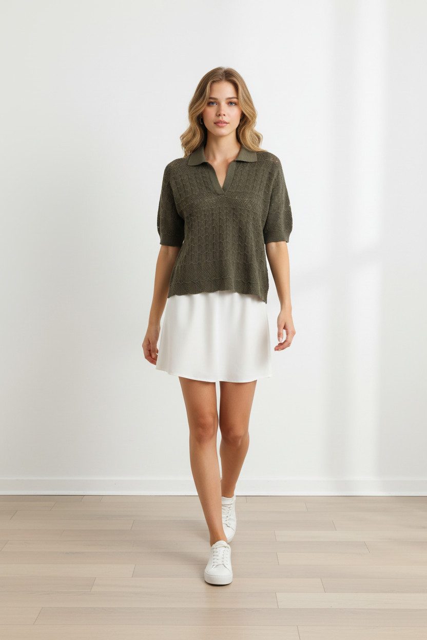 Zuckerwatte Ajourpullover mit Polokragen aus weicher Viskosemischung