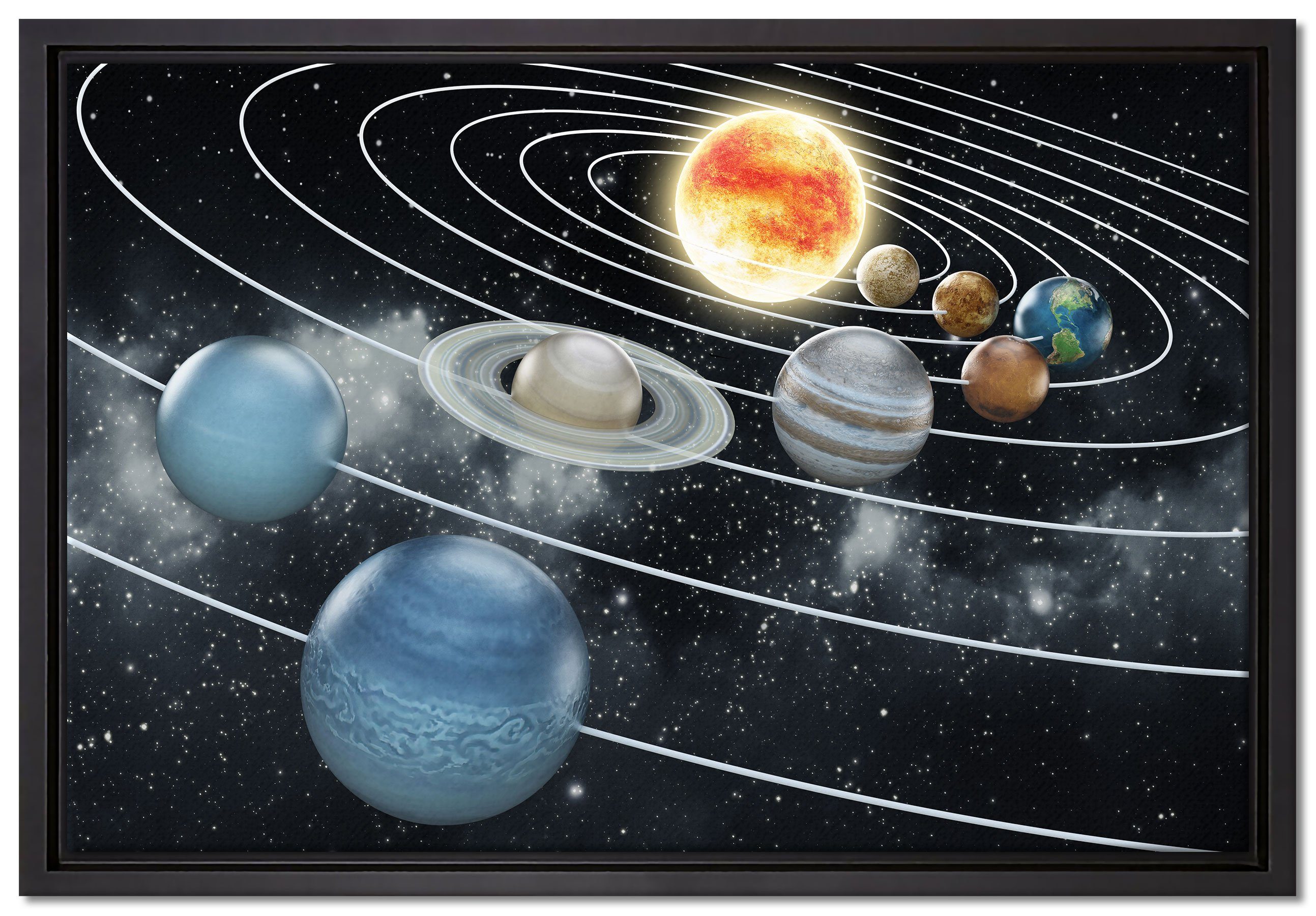 inkl. Leinwandbild mit fertig (1 unseren bespannt, St), Pixxprint in Sonnensystem Planeten, Leinwandbild Schattenfugen-Bilderrahmen Wanddekoration gefasst, Zackenaufhänger einem