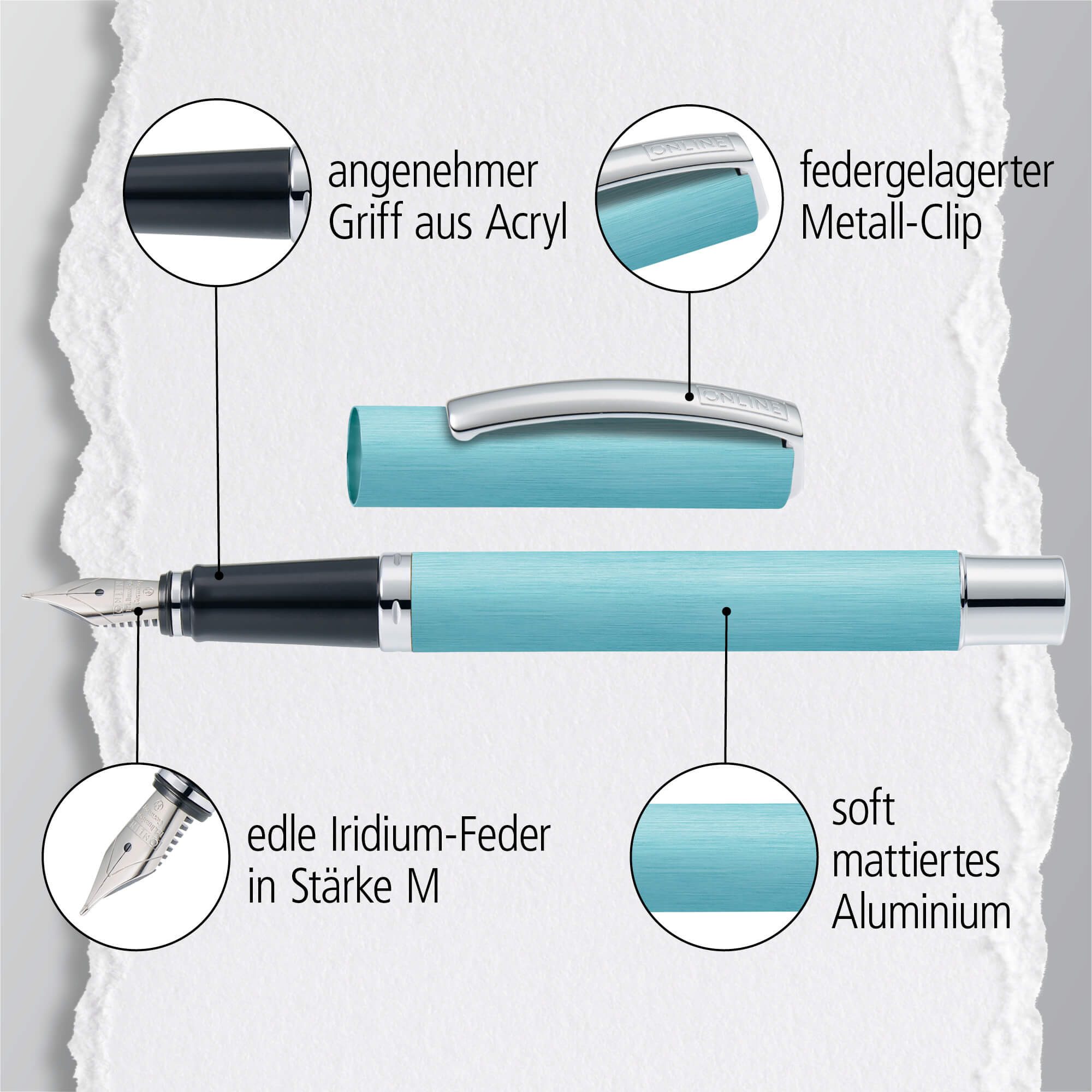 Online Pen Füller Vision Füllhalter, (aus mattiertem Aluminium, hochwertiger Füllfederhalter mit Iridium-Feder), in Geschenkbox