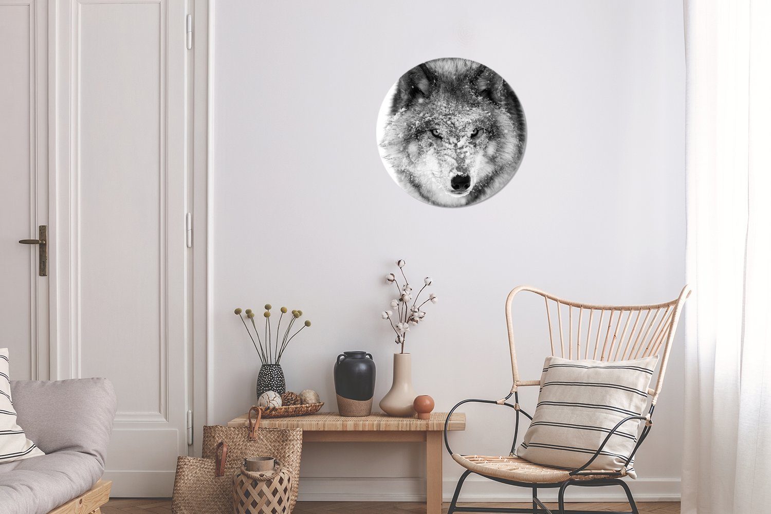 Kreis Wandbild, Wolf Gemälde St), Rundes cm 30x30 Kopf in mit MuchoWow (1 Wohnzimmer, verschneitem Wanddekoration schwarz-weiß, Forex,