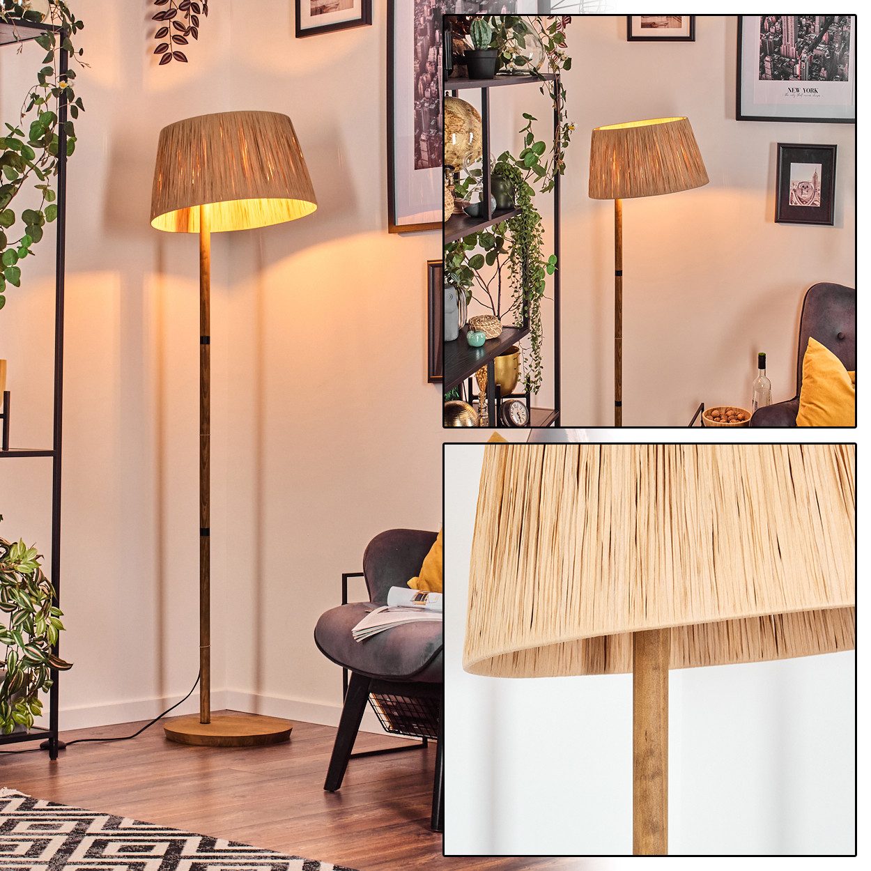 Stehlampe Stehlampe mit Holzfuß und Schirm aus Bast