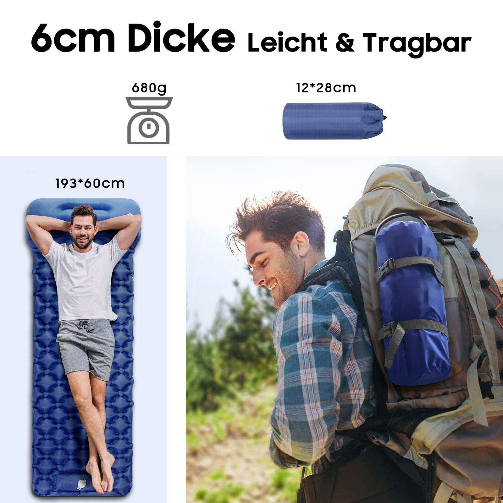 AIMAX Luftmatratze Doppelschichtige aufblasbare Campingmatratze, (Set, mit innovativer Fußpumpe, TPU-Edelstahl-Material), 6 cm Dicke