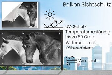 MuchoWow Balkonsichtschutz Pferde - Tiere - Schwarz - Weiß - Porträt (1-St) Balkonbanner, Sichtschutz für den Balkon, Robustes und wetterfest