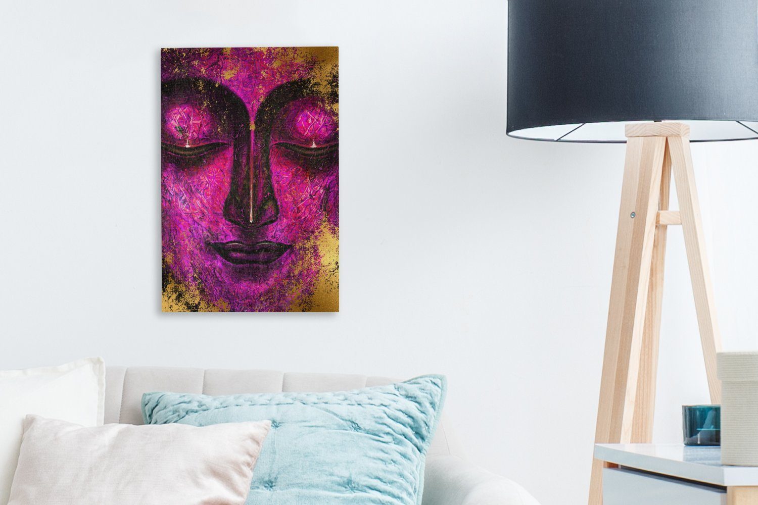 Buddha Zackenaufhänger, Gemälde, bespannt cm (1 - OneMillionCanvasses® St), inkl. Leinwandbild Gesicht fertig - Lila, Leinwandbild 20x30