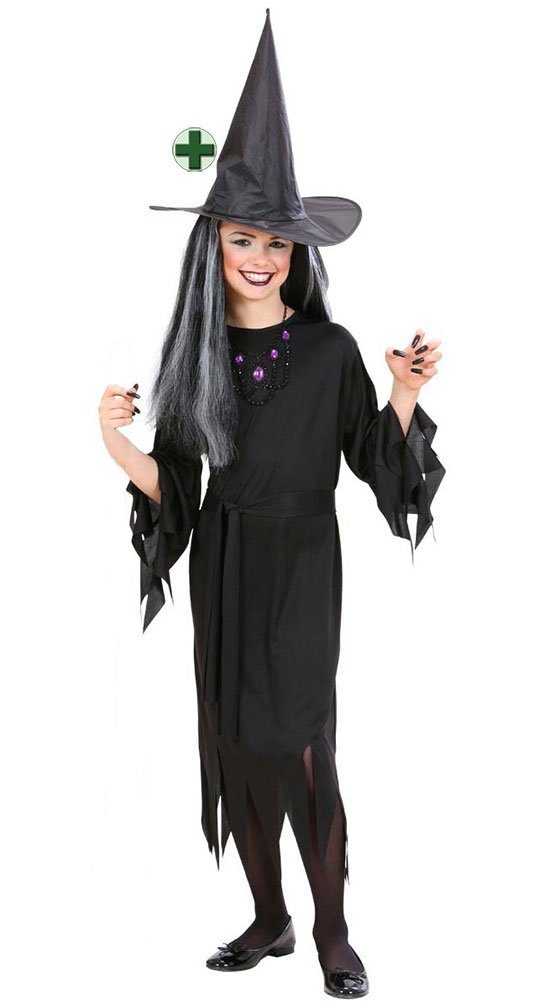 Karneval-Klamotten Hexen-Kostüm schwarzes Hexenkleid mit Hexenhut Kinder,  Kinderkostüm Mädchenkostüm Halloween Kleid mit Hut