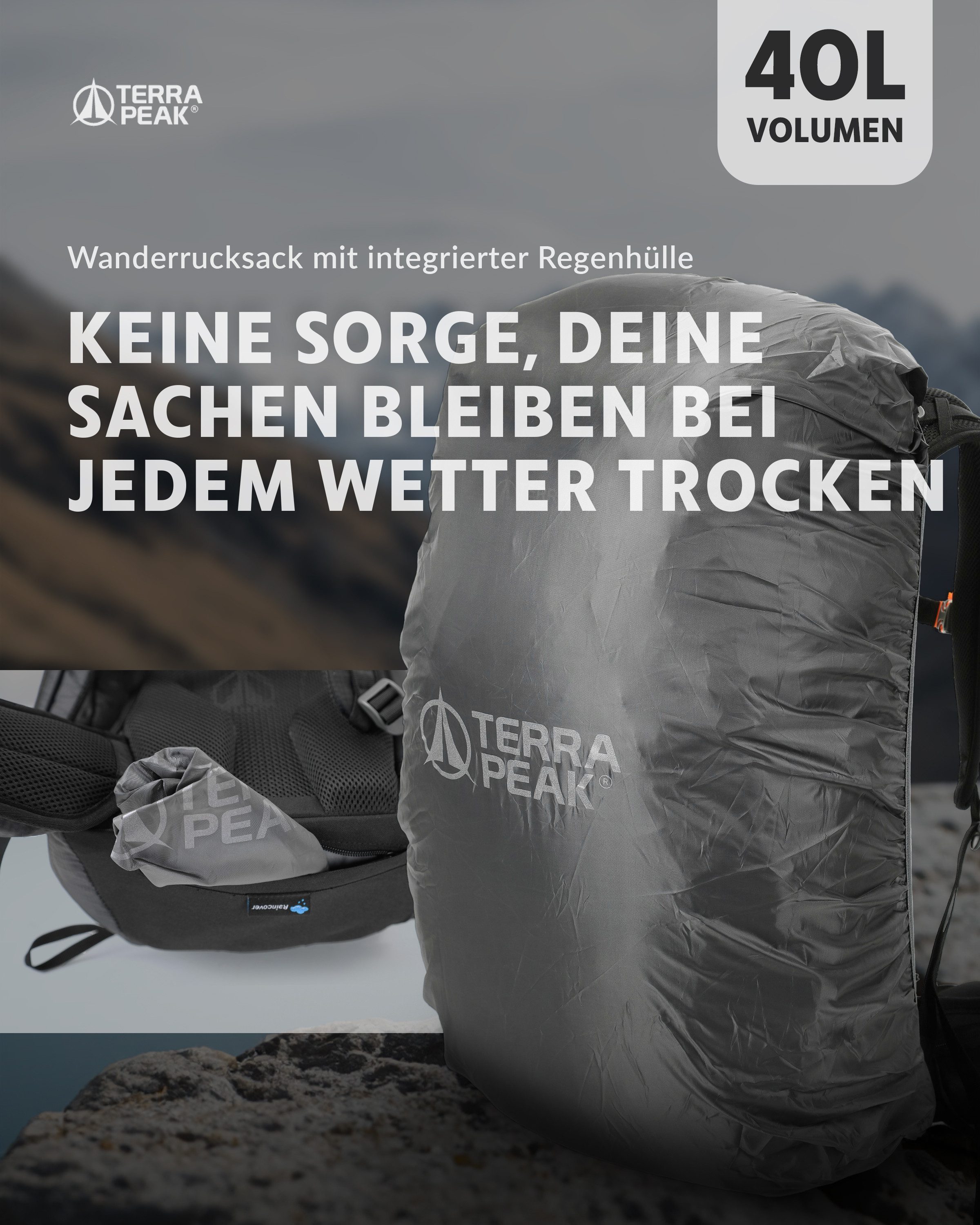 Terra Peak Wanderrucksack Airant 40, Rucksack mit belüftetem Netzrücken groß, 40 Liter