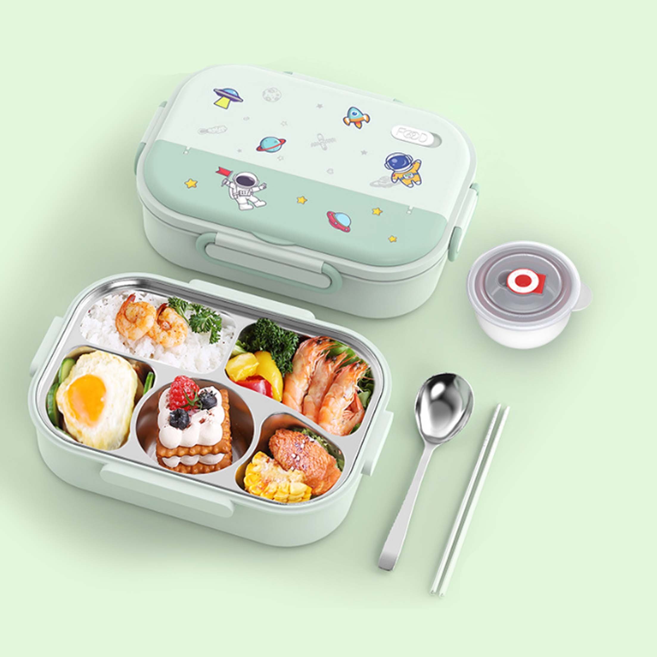 KÜLER Lunchbox Lunchbox für Kinder, Edelstahl 316, fünf Fächer, isolierte Lunchbox, (Spar-Set), Mit Löffel und Suppenteller, Edelstahl 316, vier seitliche Verschlüsse