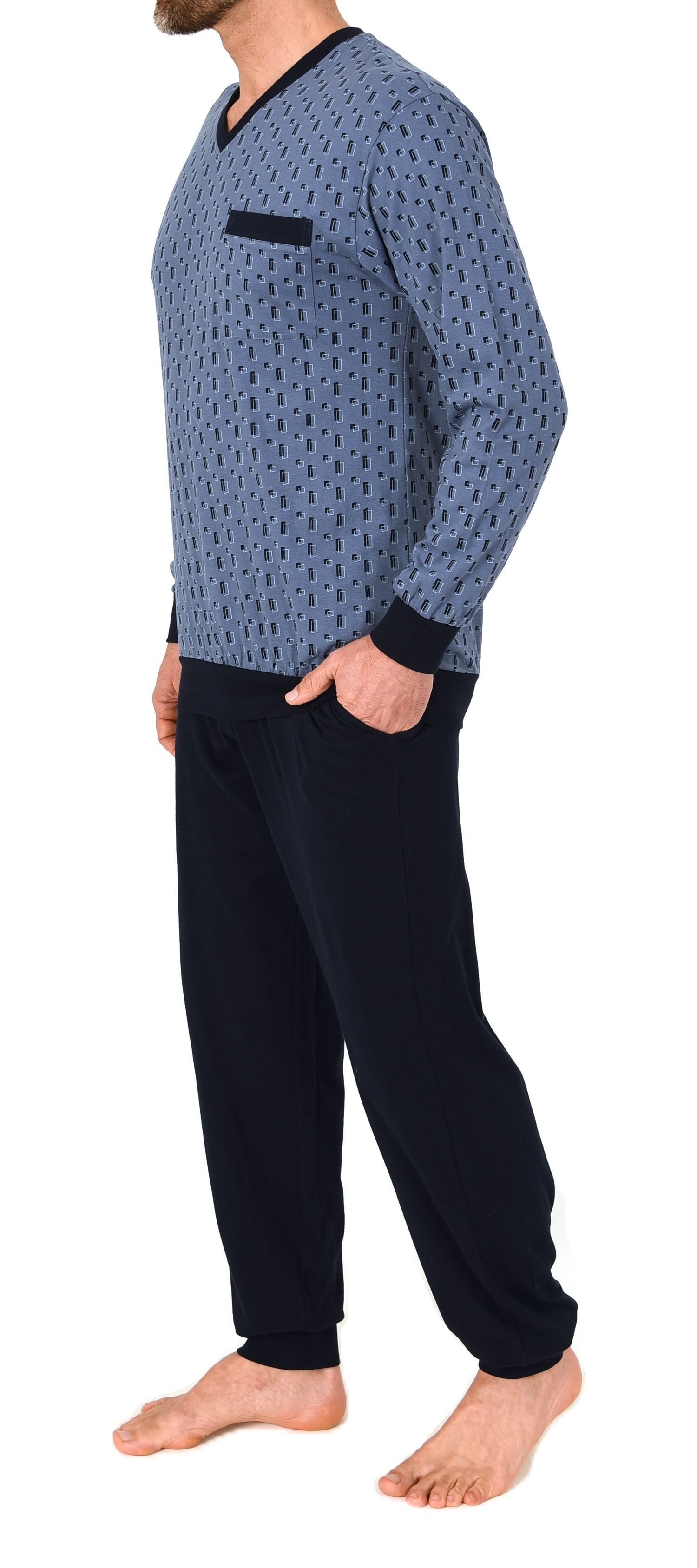 Normann Pyjama Normann Herren Schlafanzug lang mit Bündchen und Minimal Print-Optik – Bild 4 von 5