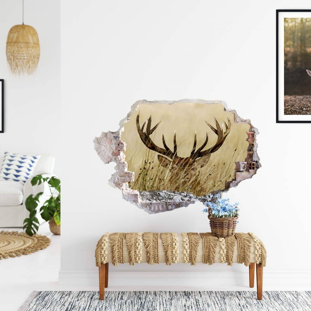 K&L Wall Art Wandtattoo 3D Wandtattoo Waldtiere Geweih Wachsamer Hirsch sepia Wald Wiese, Mauerdurchbruch Wandbild selbstklebend