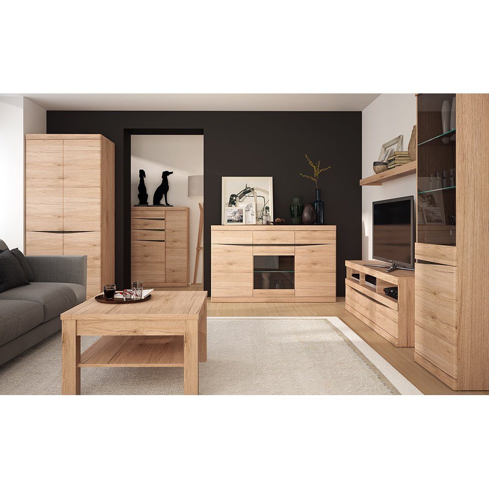Lomadox Wohnzimmer-Set SANFORD-129, (Mega-Spar-Set, 7-St., 7-tlg), San Remo Eiche hell Nb., TV Wand, Couchtisch, Sideboard, Vitrine