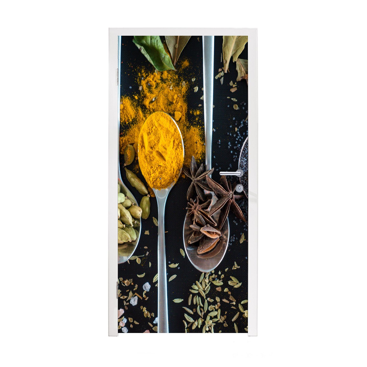 MuchoWow Türtapete Gewürze - Löffel - Schwarz - Küche, Matt, bedruckt, (1 St), Fototapete für Tür, Türaufkleber, 75x205 cm