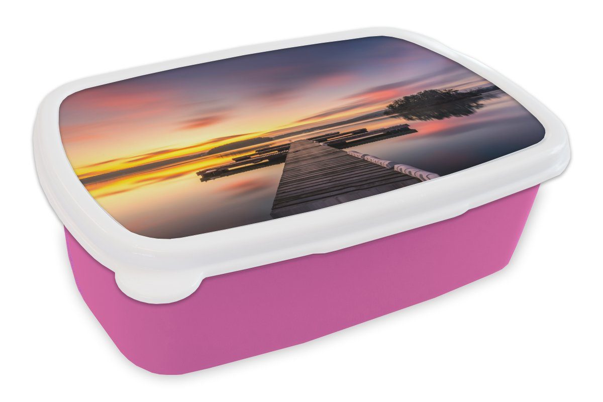 MuchoWow Lunchbox Steg - Sonnenuntergang - Wasser - Meer - Spiegelung, Kunststoff, (2-tlg), Brotbox für Erwachsene, Brotdose Kinder, Snackbox, Mädchen, Kunststoff rosa