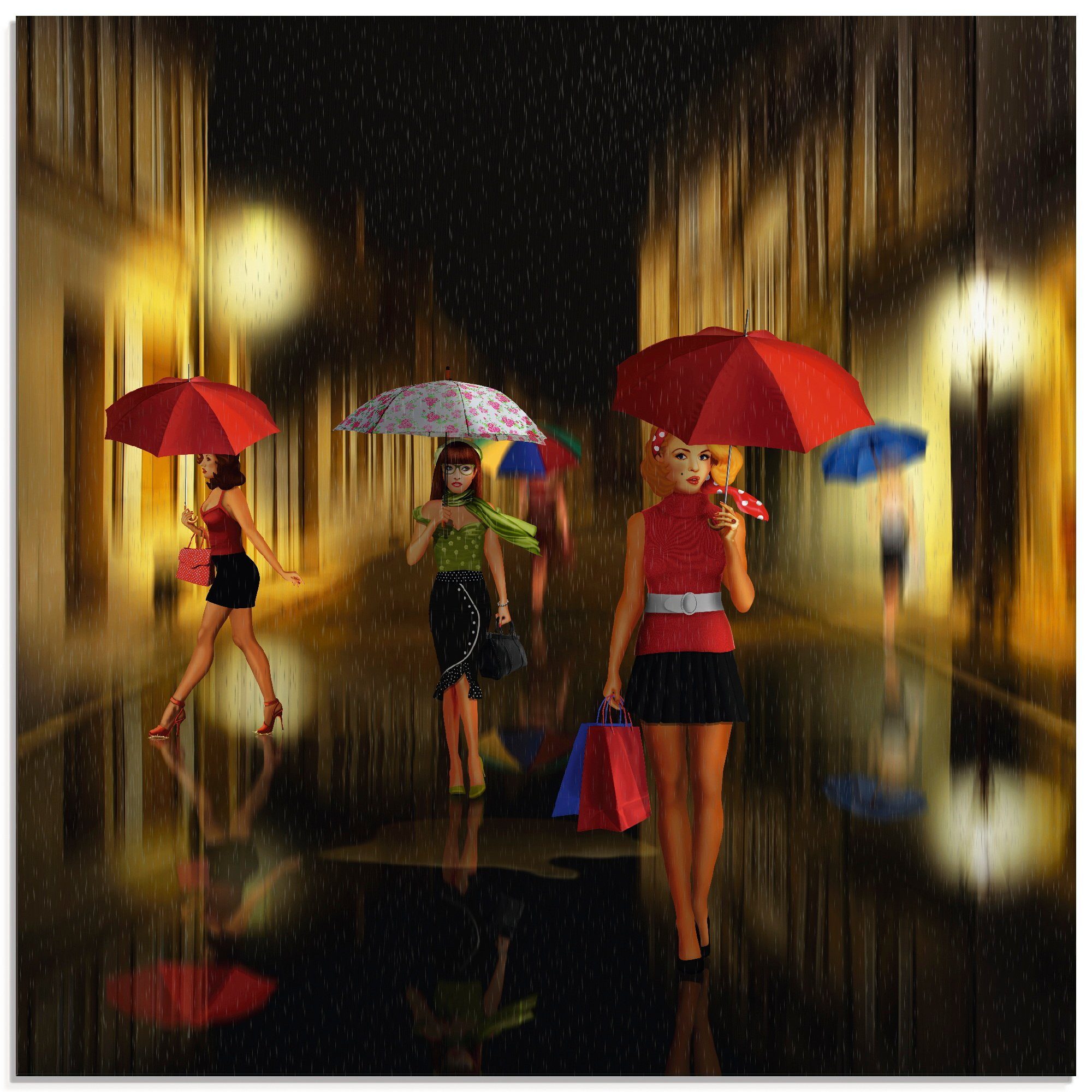 Artland Glasbild Frauen beim Einkaufen im Regen, Frau (1 St), in verschiedenen Größen