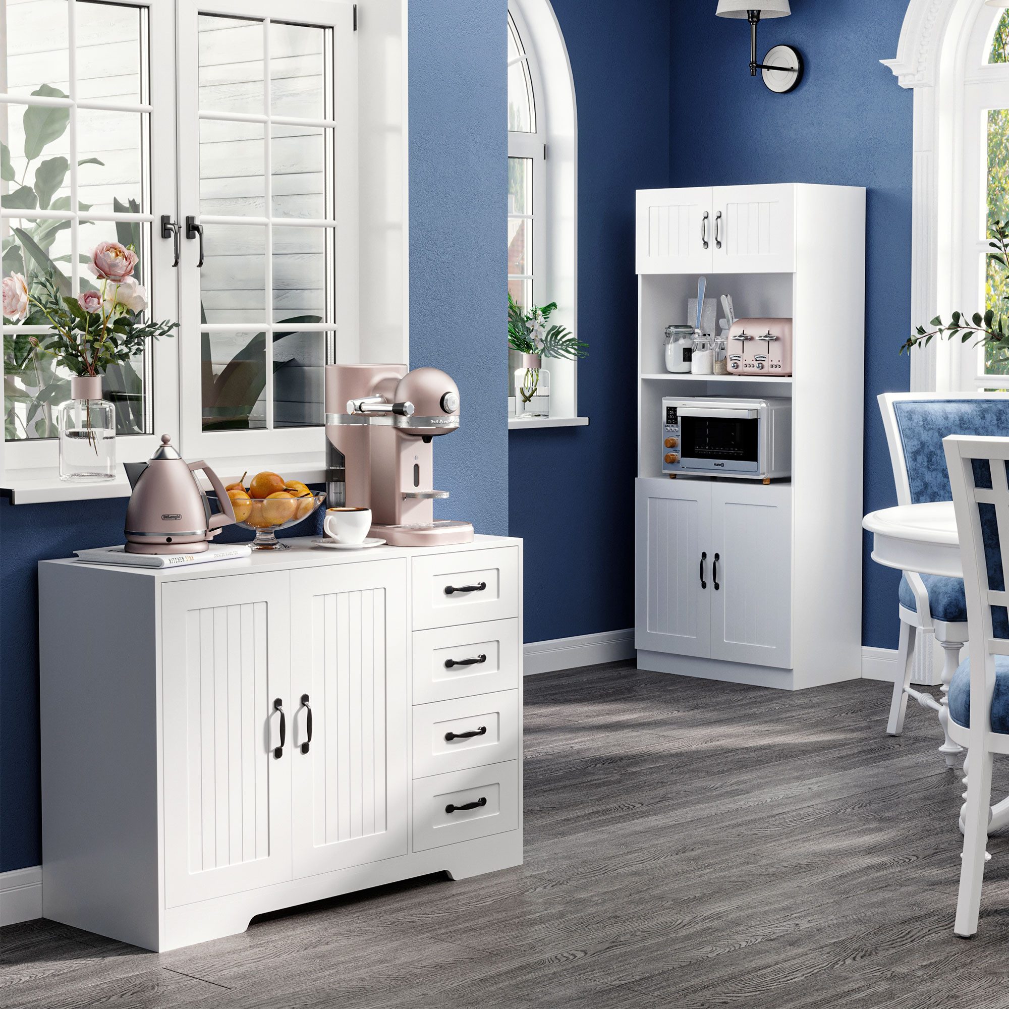 HOMCOM Sideboard Beistellschrank mit 4 Schubladen, 2 Türen, Küchenschrank (Aufbewahrungsschrank, 1 St., Küchenschrank), für Wohnzimmer, 105 x 40 x 76 cm, Weiß