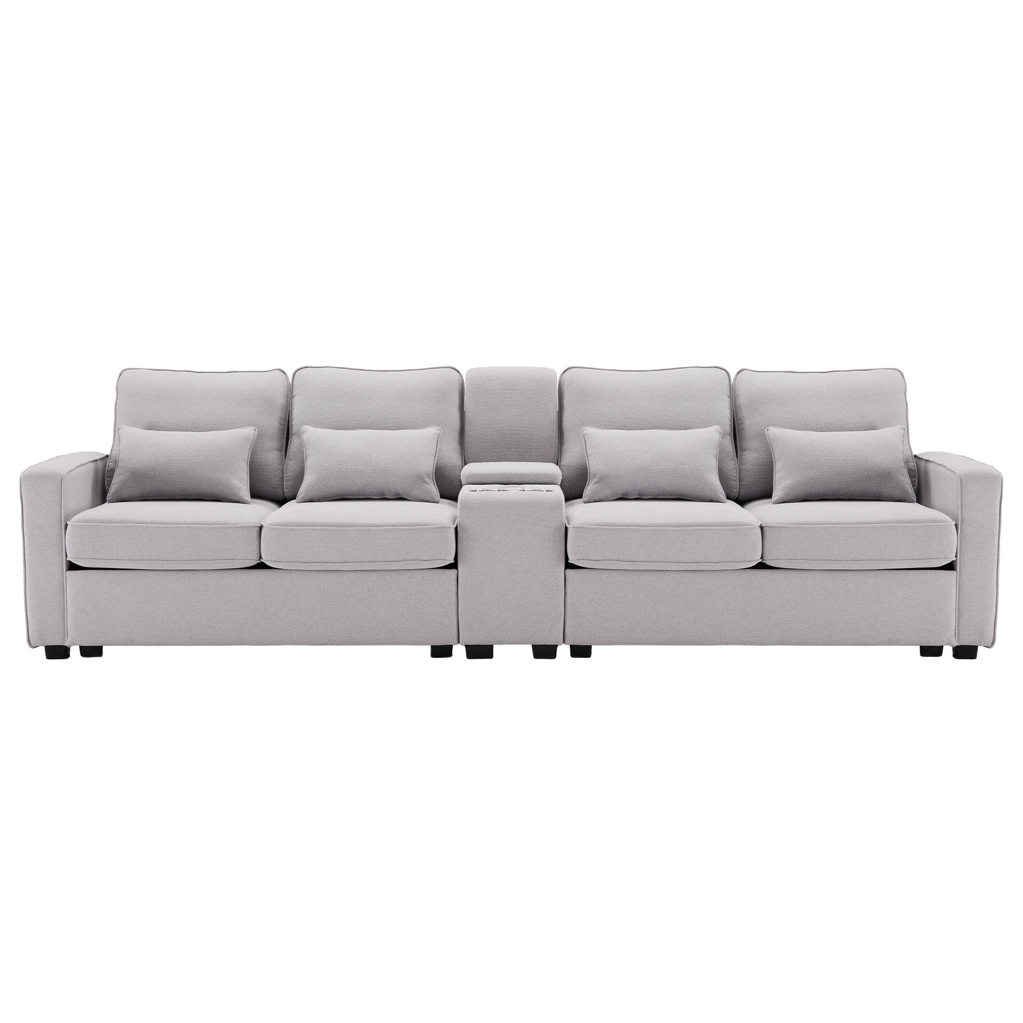 SOFTWEARY Big-Sofa, mit Zwischentisch, Getränkehaltern, USB-Anschlüssen, inkl. loser Zier- und Rückenkissen, Leinen Bezug