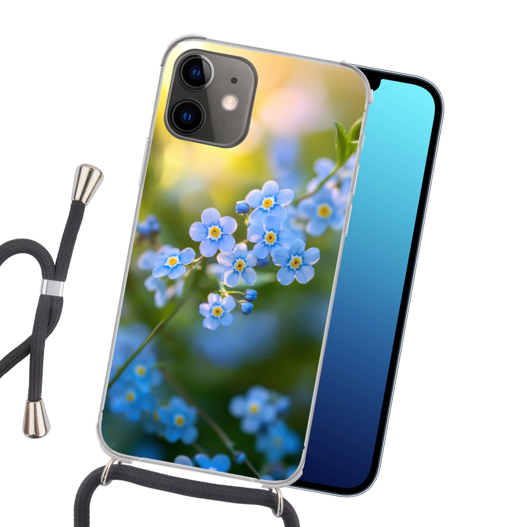 MuchoWow Handyhülle für Apple iPhone 12 Blumen - Blau - Vergissmeinnicht, Tragbare Handyhüllen mit Kette zum umhängen, Handykette Handyband