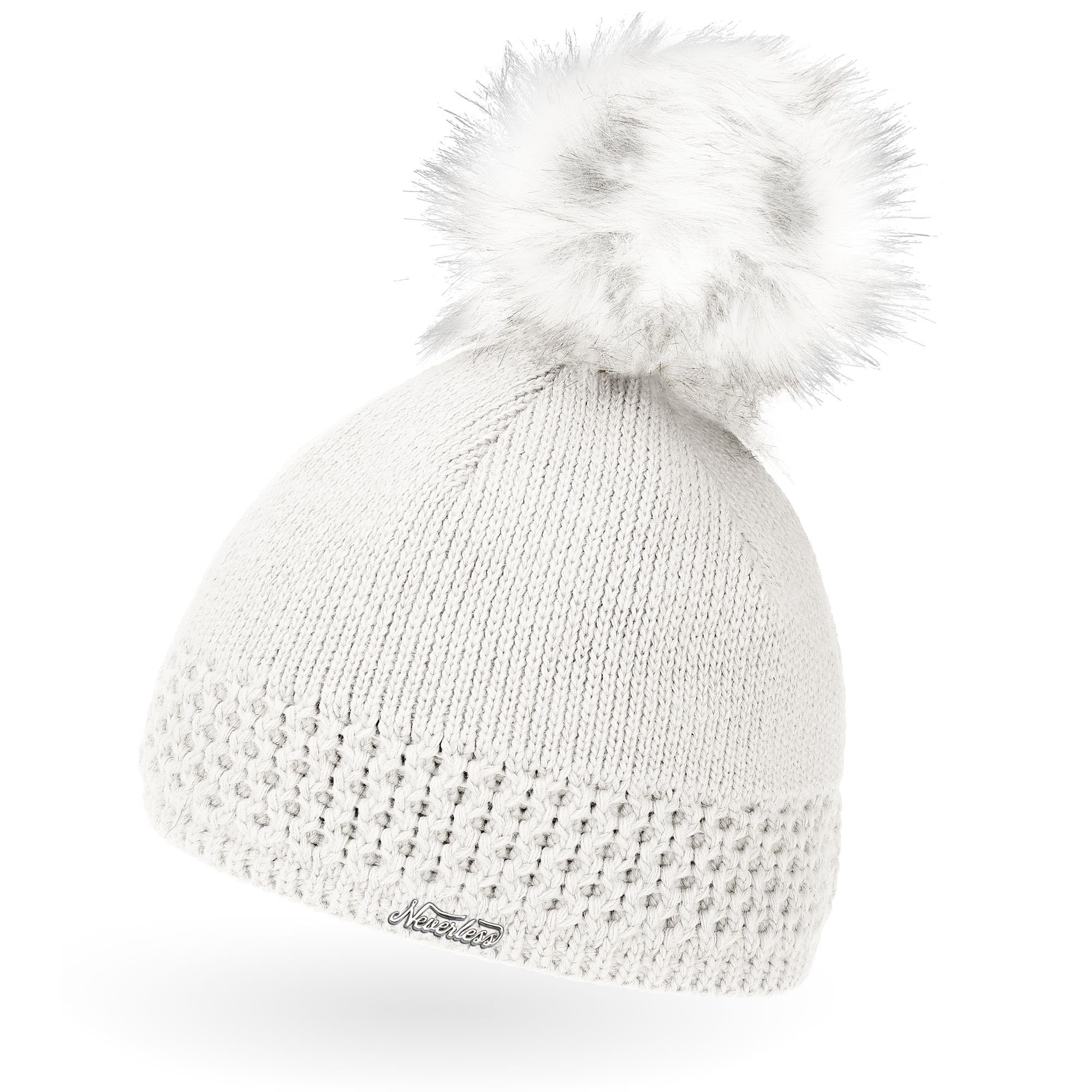 Bommelmütze Damen Strickmütze gefüttertert Fell-Bommel Kunstfell Winter-Mütze