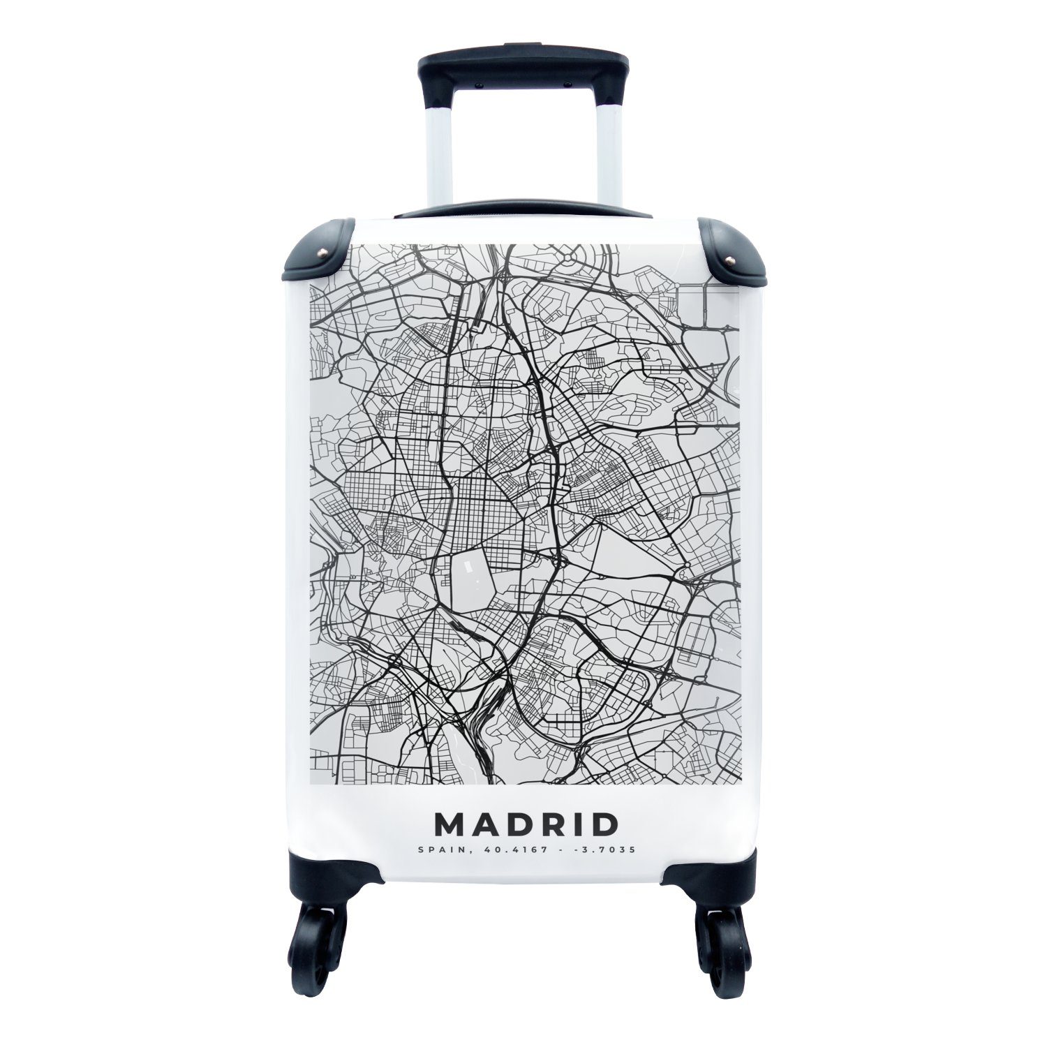 MuchoWow Handgepäckkoffer Madrid - Schwarz und weiß - Stadtplan - Karte, 4 Rollen, Reisetasche mit rollen, Handgepäck für Ferien, Trolley, Reisekoffer