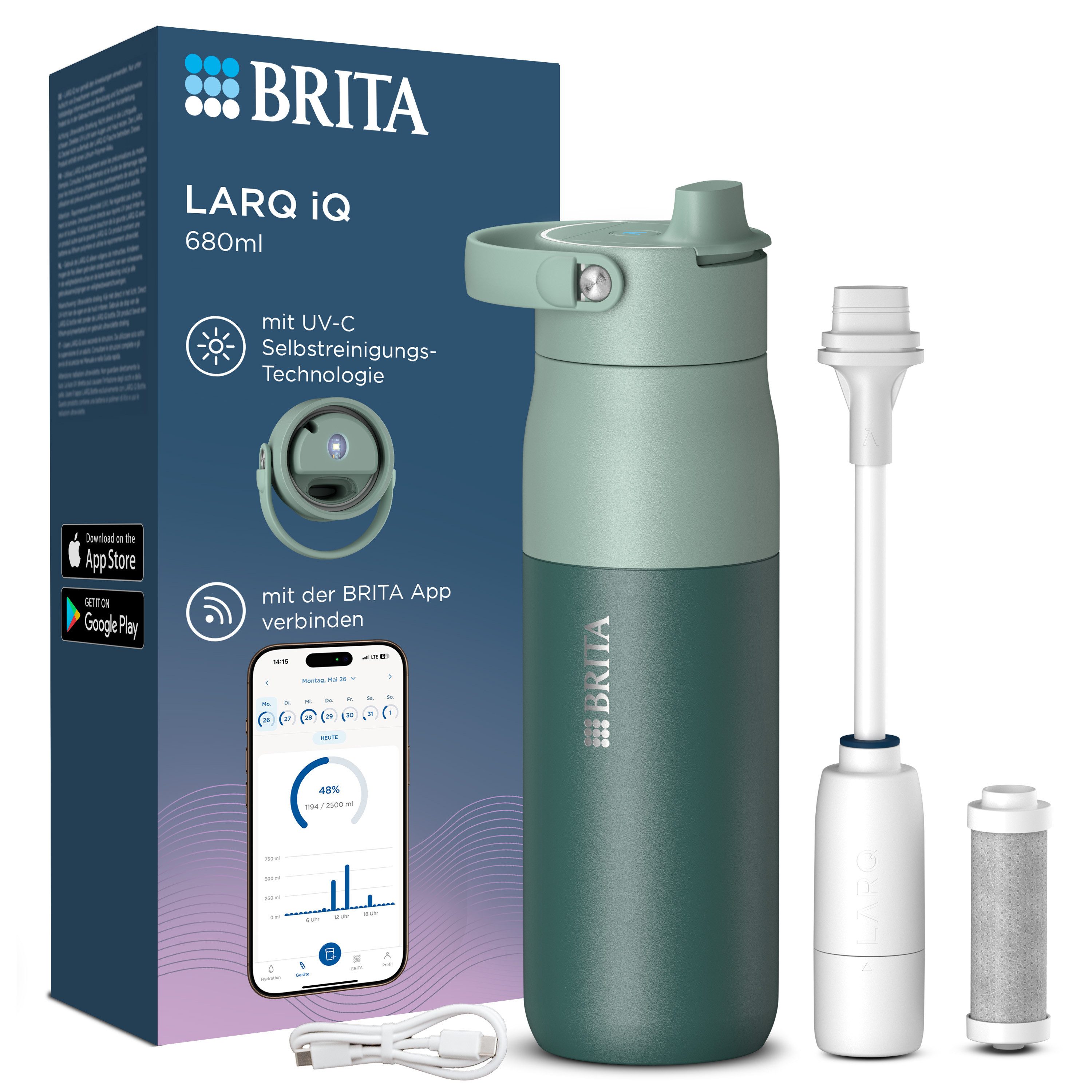 BRITA Trinkflasche BRITA LARQ iQ Digitale Filter Trinkflasche (680 ml), inkl. Hydration Tracking (App), Aktivkohle Wasserfilter & UV-C