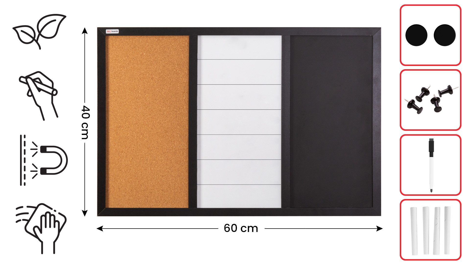 ALLboards Magnettafel 3-in-1-Kombitafel: Whiteboard, Kreide (magnetisch) und Kork, 60×40 cm