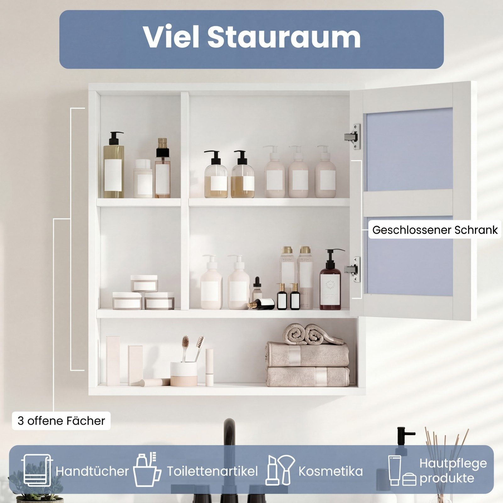 COSTWAY Spiegelschrank Badezimmer mit Spiegeltür & 3 offenen Regalen Hängeschrank