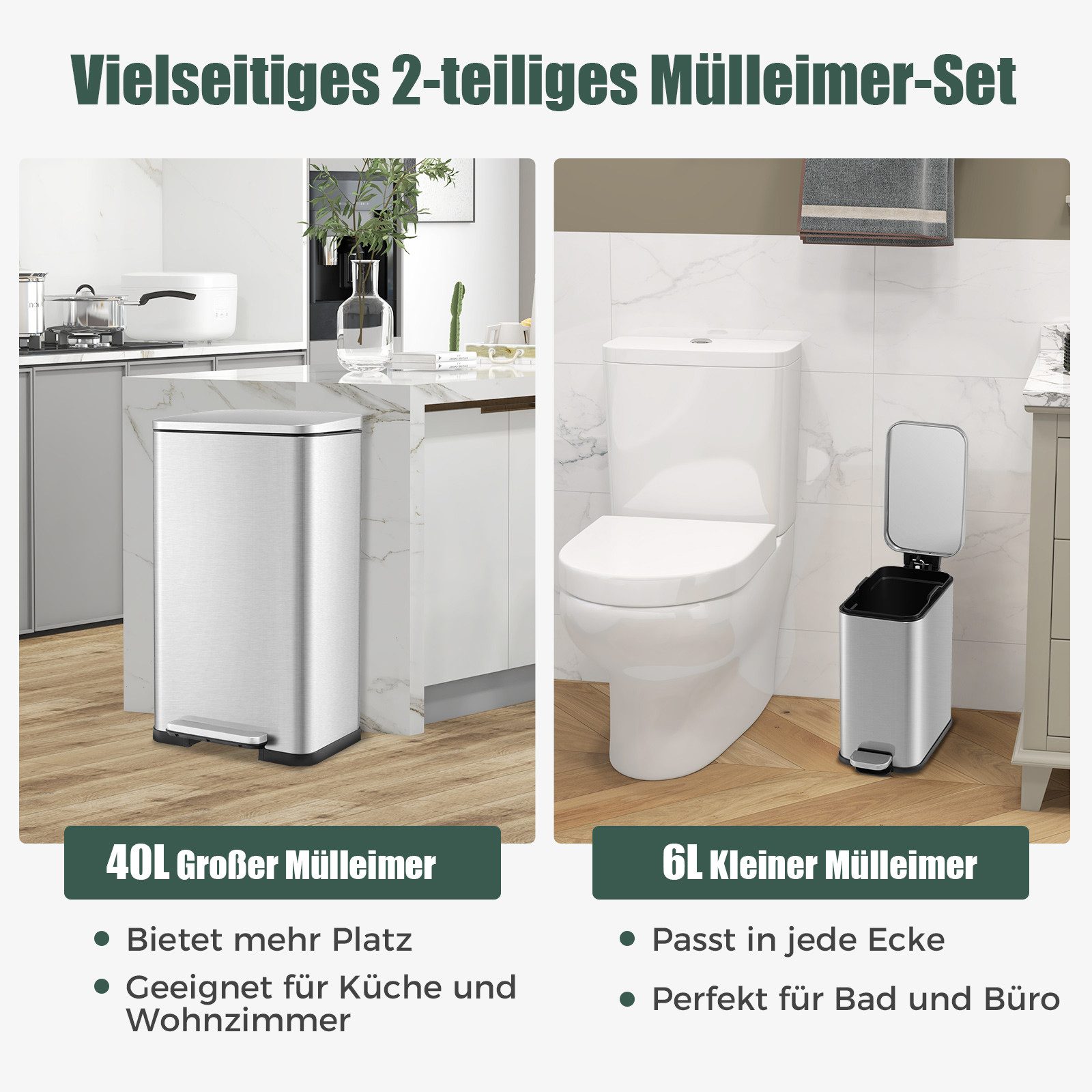 COSTWAY Mülltonnenbox, 2er Set, 40L+6L Abfalleimer mit Inneneimern & Deckel
