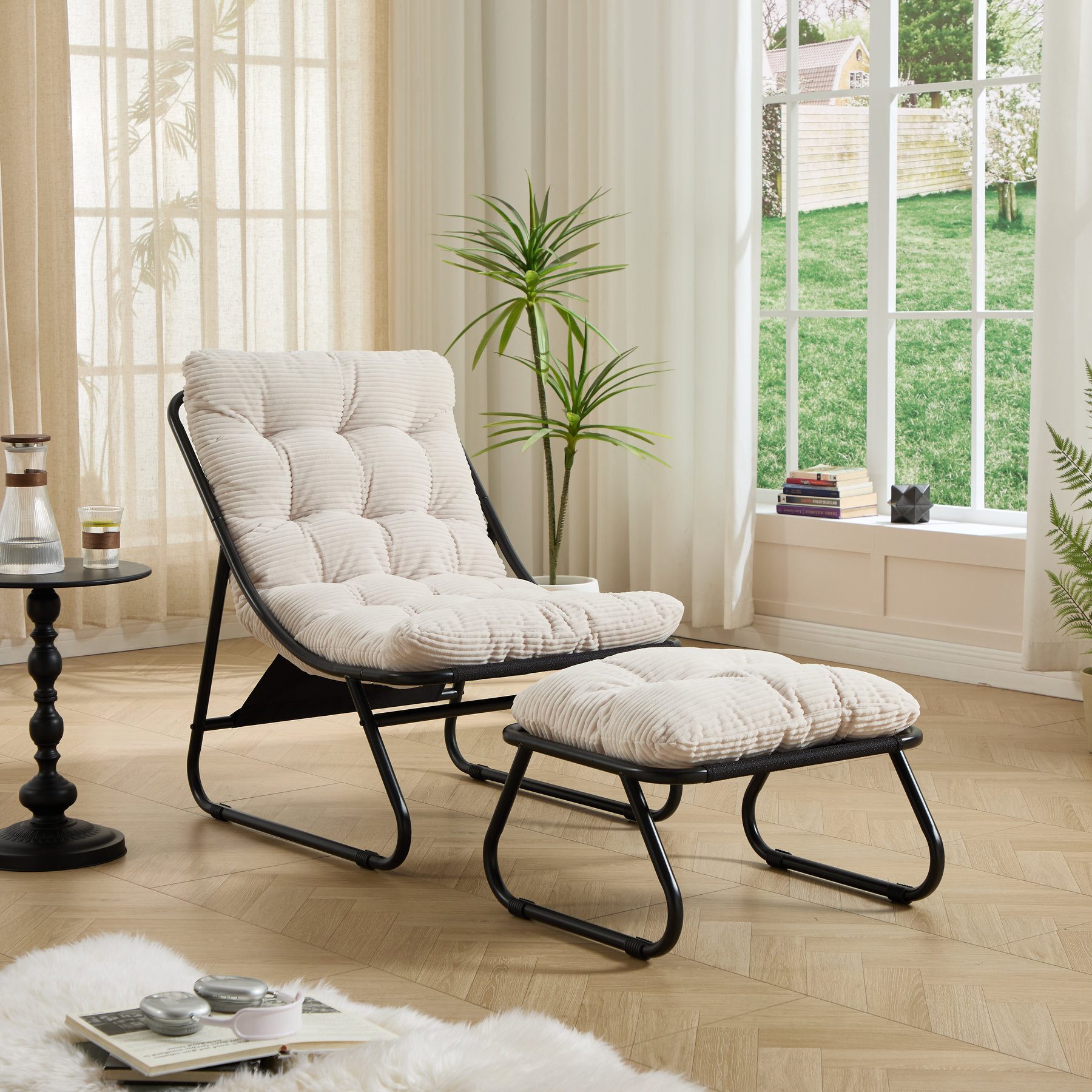 Odikalo Chaiselongue Relaxsessel Gartenstühle Gartenliege Freizeitstuhl mit schlaffunktion, Lounge-Sessel für die Terrasse mit Ottoman–Bequemer Relaxsessel mit weichem Polster und Fußhocker ideal für Wohn-Schlaf-und Lesezimmer Gestell und Polster in Beige