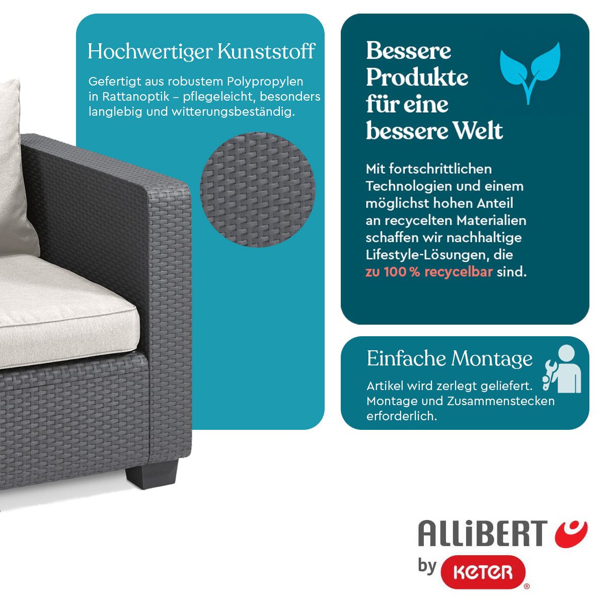 Allibert Loungesofa Salta 3-Sitzer Gartensofa – Rattanoptik, wetterfest inkl. Kissen