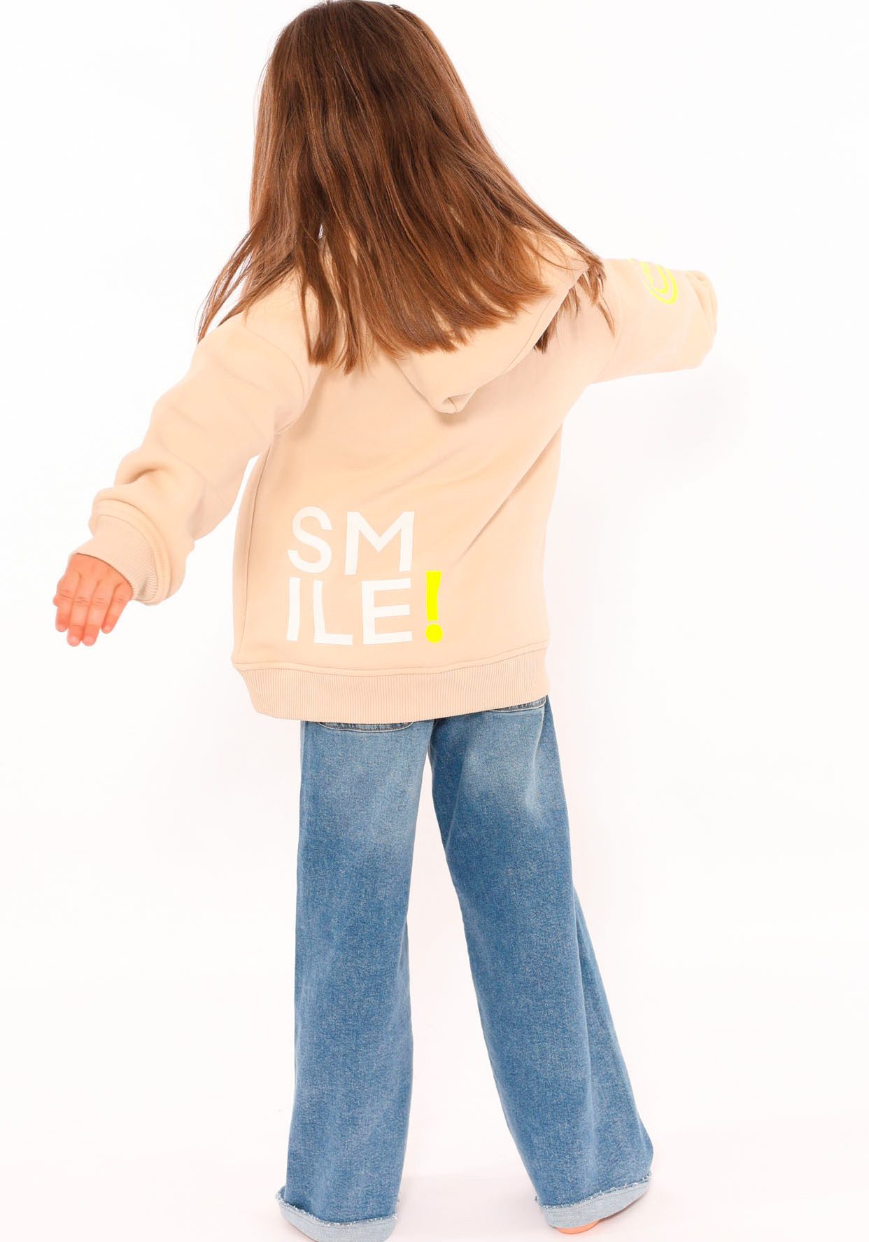 Zwillingsherz Hoodie "Alissa-Kids" mit "Smile"-Aufdruck in Neonfarben und gestickte Smiley