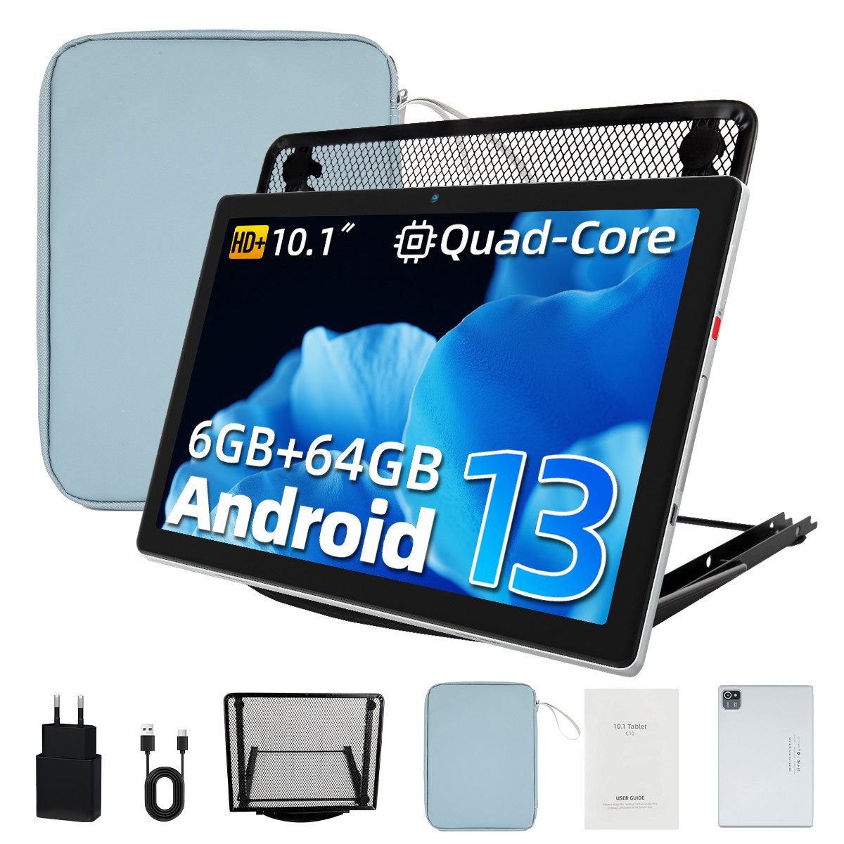 Happybe Android 13 10 Zoll 6GB RAM + 64GB ROM 1TB Expandable HD-Touchscreen Tablet (10", 64 GB, Android, WiFi, Android 13 mit Google-Diensten, Tasche und Kühlständer)