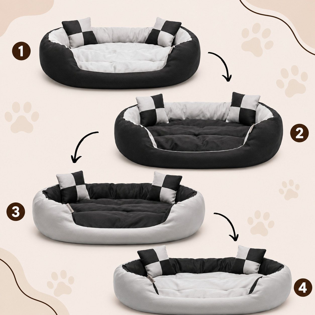 belviona Tierkissen, Katzenbettchen mit niedrigem Einstieg, 65x50 cm, grau/schwarz, Oxford, Katzenkörbchen 4-in-1, wendbares Katzenbett