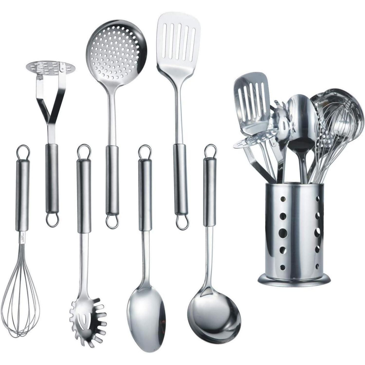 Berglander Kochbesteck-Set Edelstahl Kochset 7-teilig mit Ständer und Kochlöffel-Set