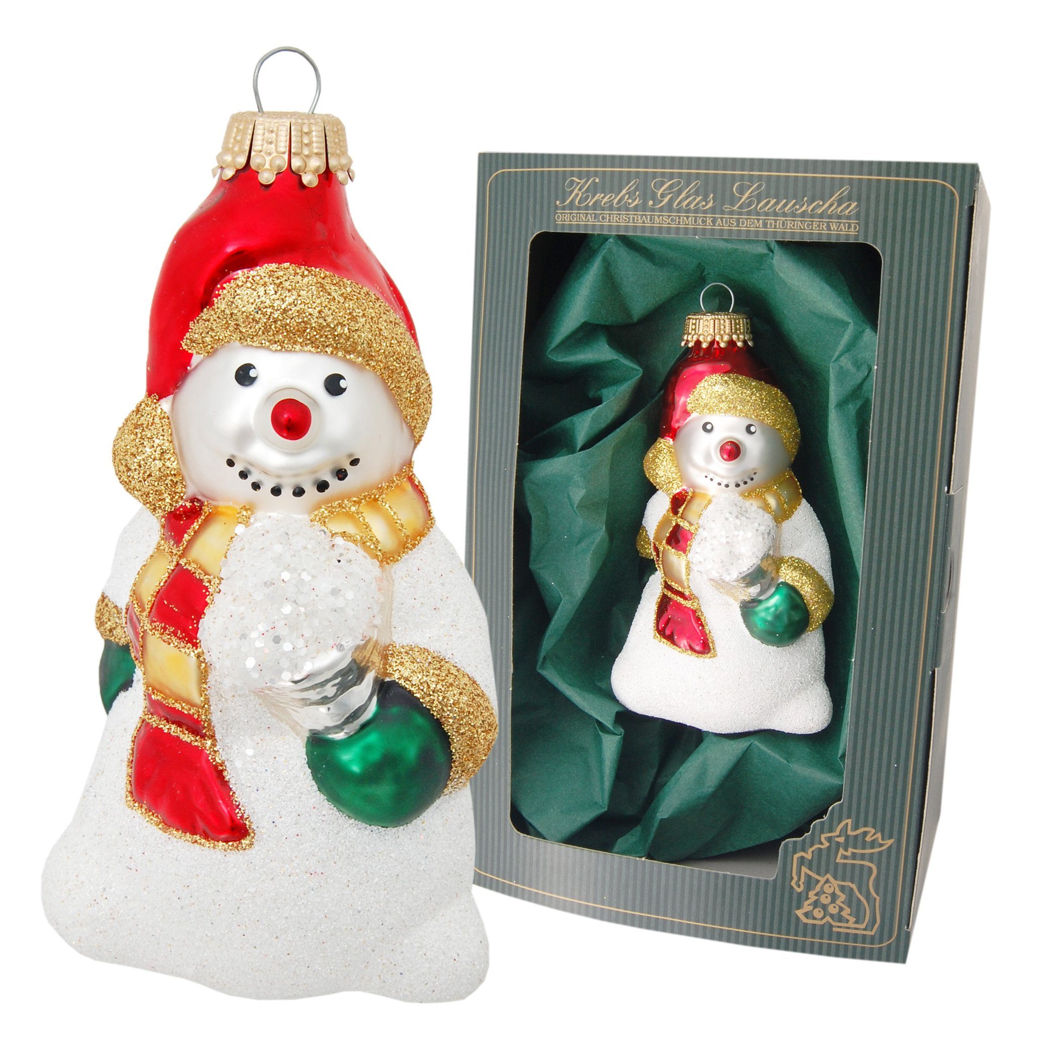 Krebs Glas Lauscha Christbaumschmuck Weiß/Rot 12cm Schneemann mit Schneeball, Glasornament, mundgeblasen, (1-tlg)