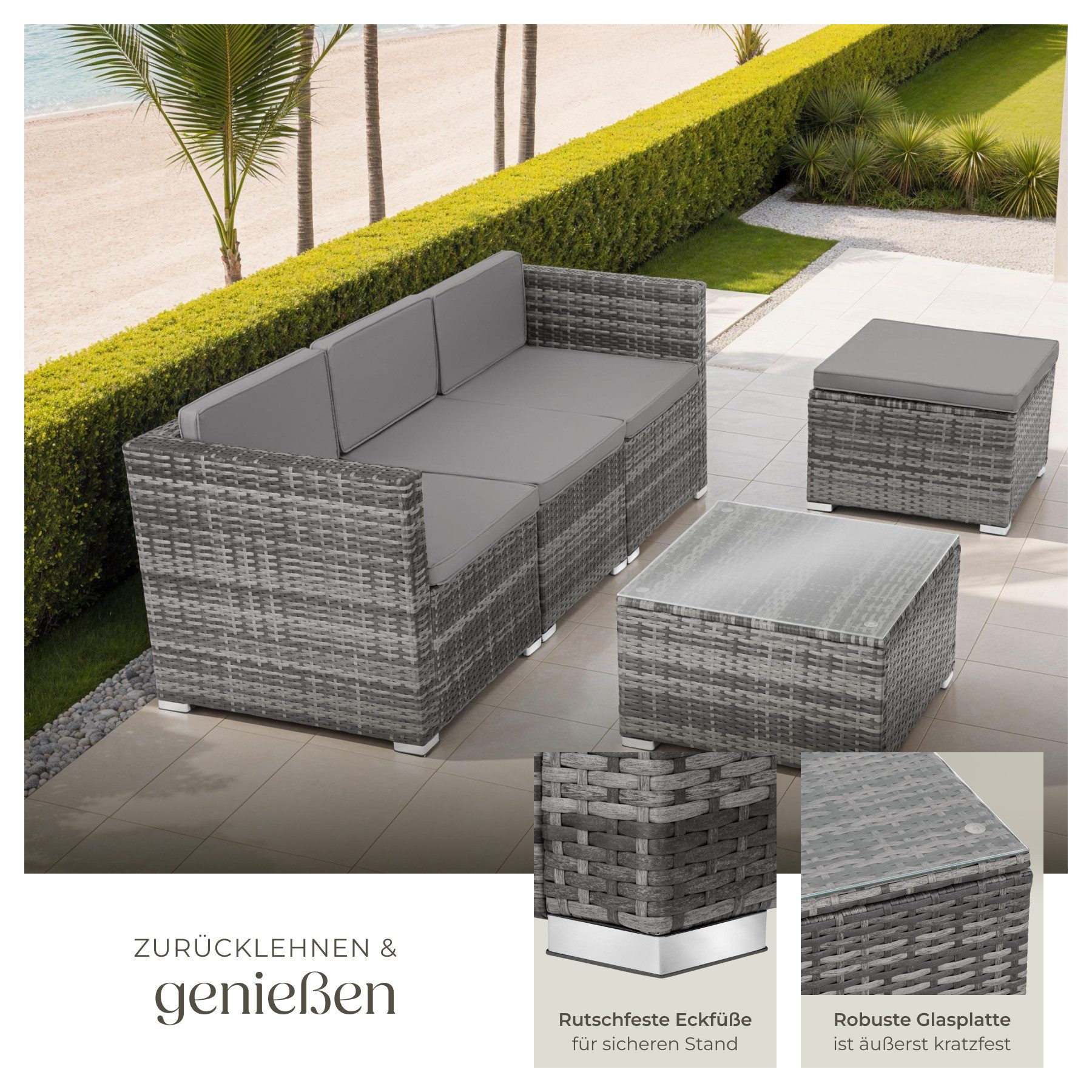 tectake Loungeset rattan sitzgruppe lignano mit uv-beständigem geflecht, (garden lounge set Lignano, 5-tlg., in Grad), abnehmbare, waschbare bezüge und sicherhe – Bild 4 von 5
