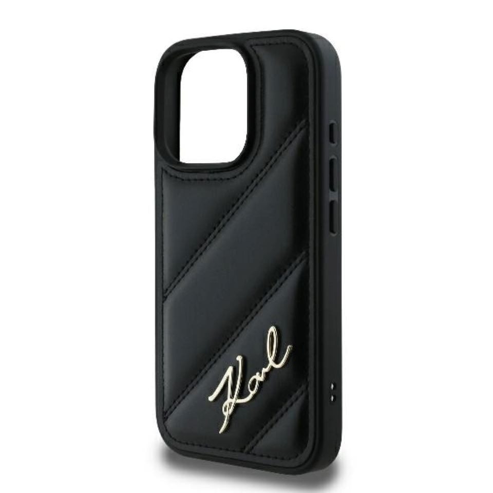 KARL LAGERFELD Handyhülle iPhone 16 Pro Kunstleder quilted schwarz Logo goldfarbig 6,3 Zoll, Kantenschutz